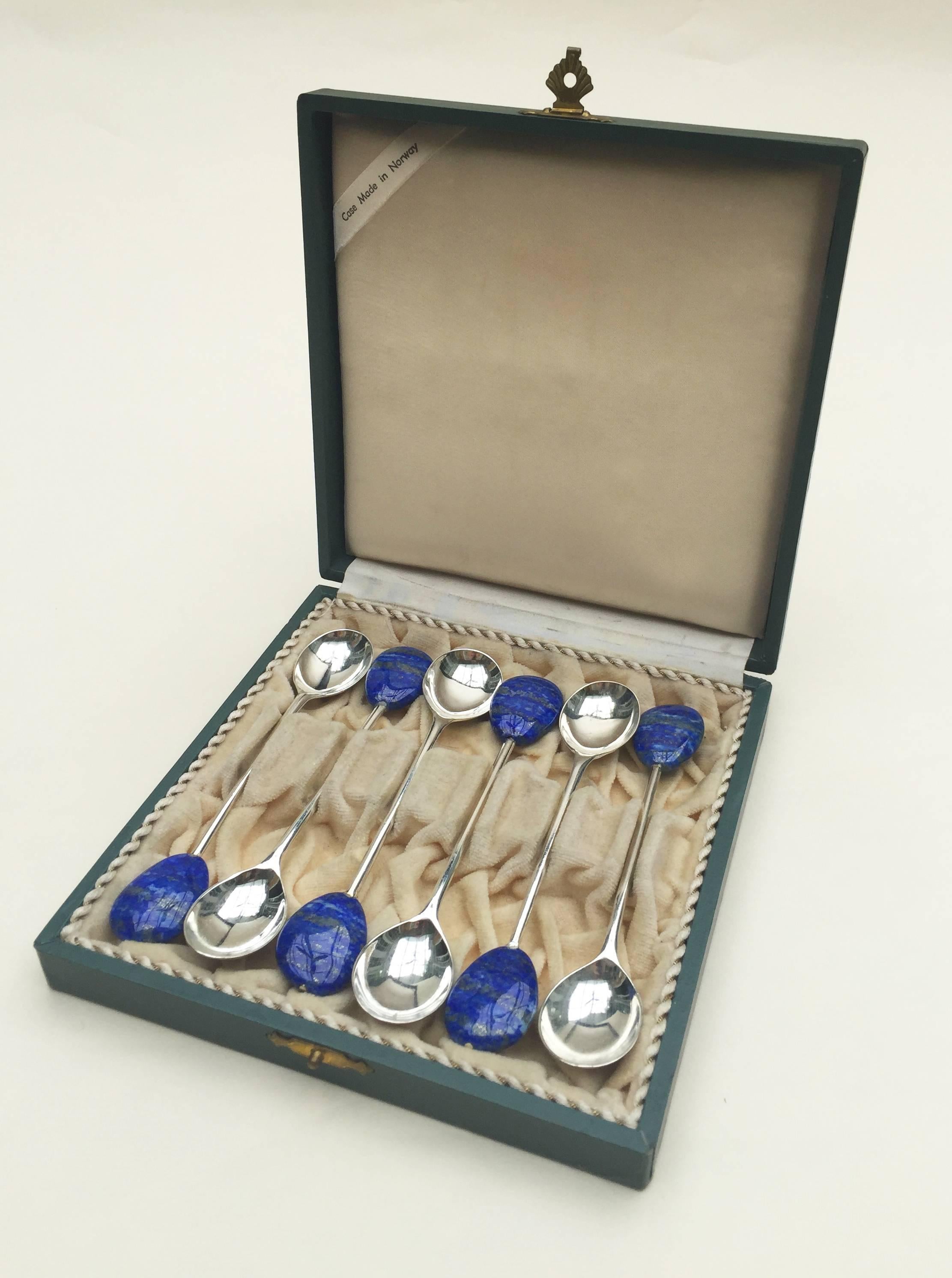 Bead Lapis Lazuli Silver Plated Spoon Set of Six by Marina J. For Sale