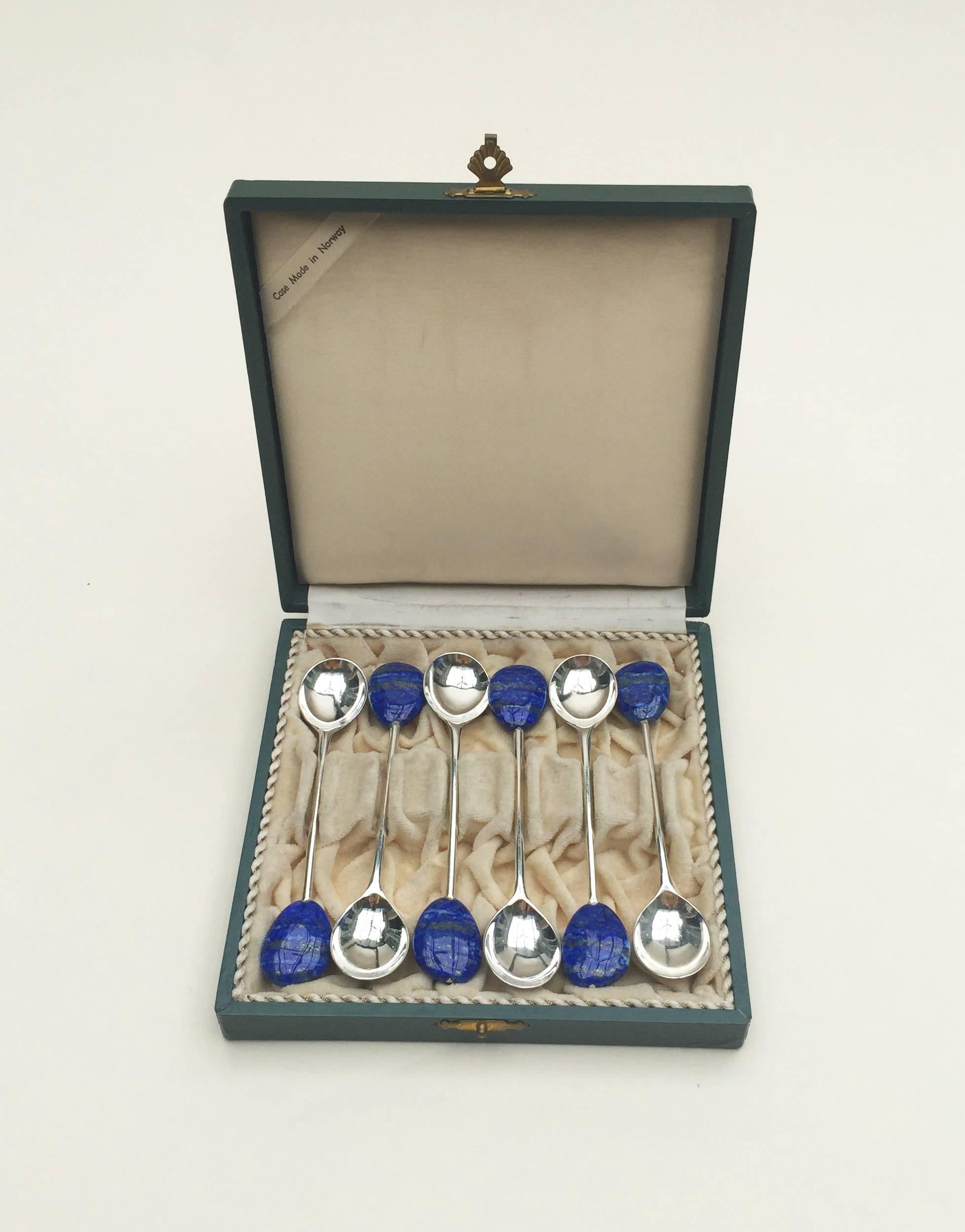 Lapis Lazuli Silver Plated Spoon Set of Six by Marina J. In New Condition For Sale In Los Angeles, CA