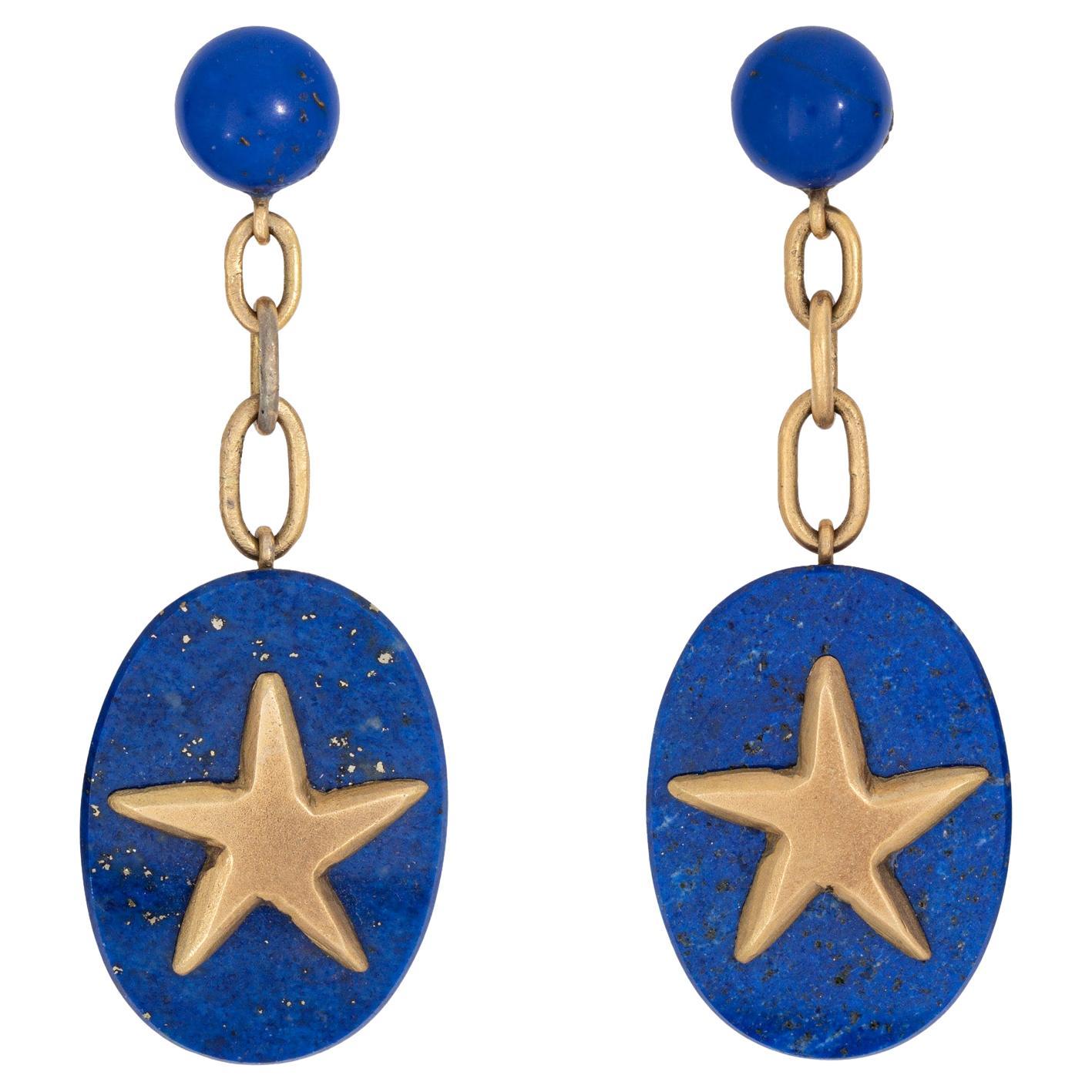 Orecchini a stella di lapislazzuli Estate Jewelry 2" Gocce pendenti in oro giallo 14k Gioielli di qualità