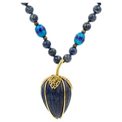 Vintage Lapis Lazuli Strawberry Yellow Gold Pendant on Enamel Lapis Bead Necklace