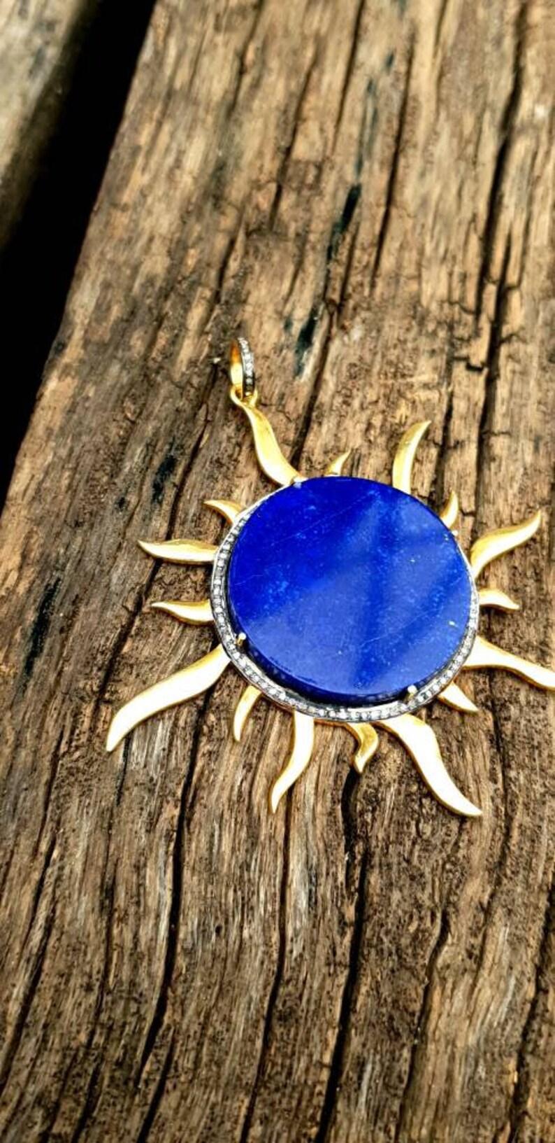 Art Deco lapis lazuli sun Diamond  Necklace, 925 Silver  Pendant For Sale