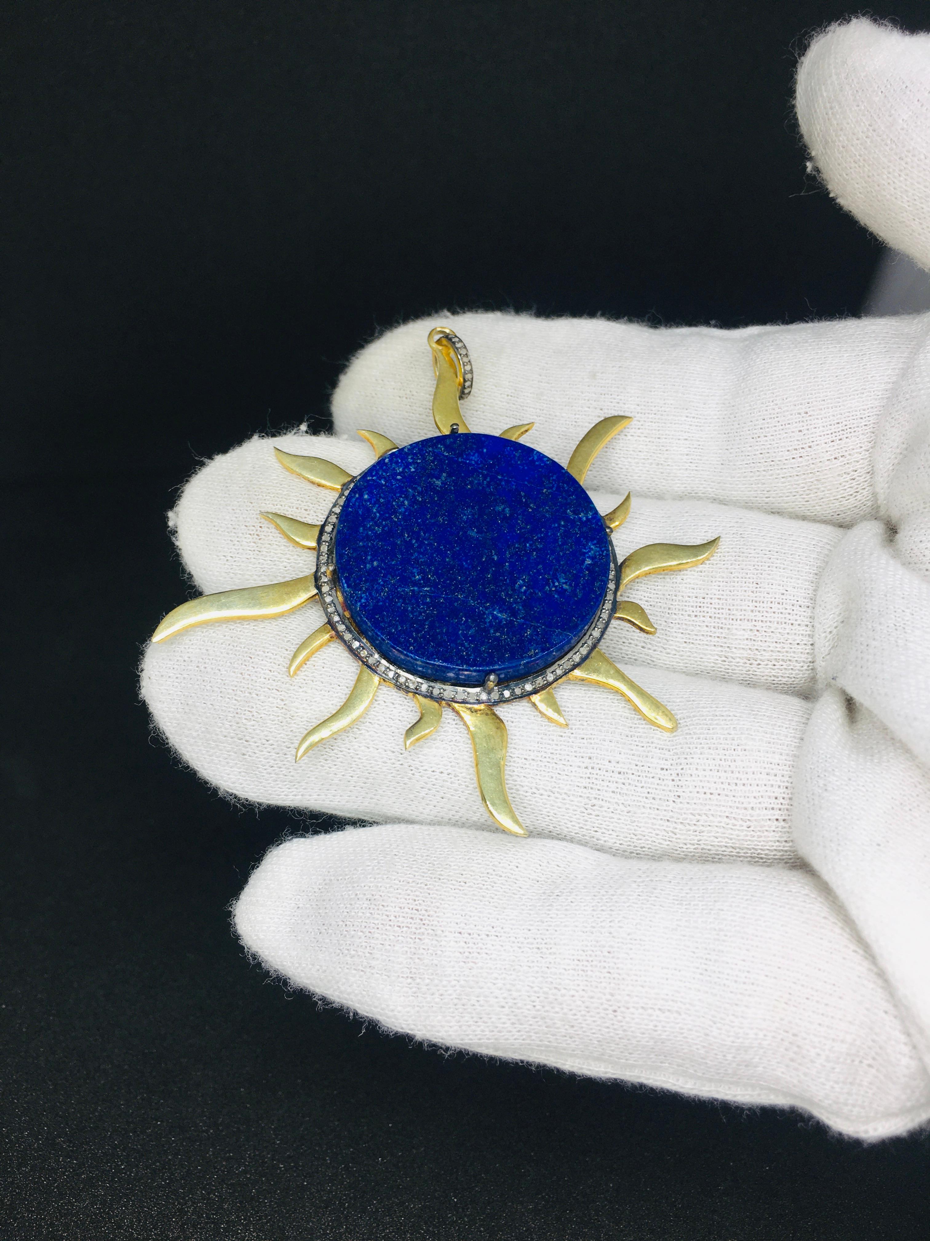 Uncut lapis lazuli sun Diamond  Necklace, 925 Silver  Pendant For Sale
