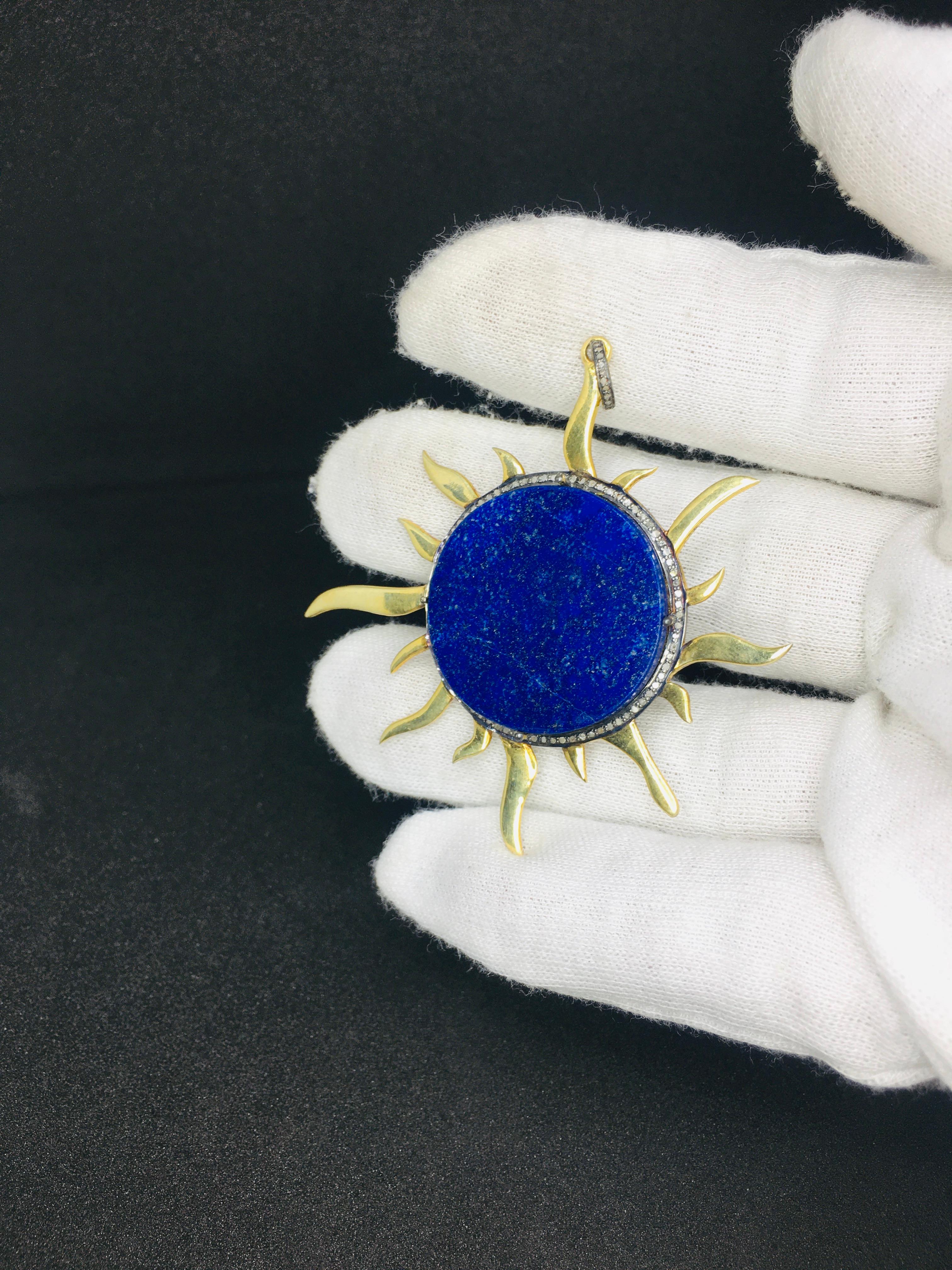 lapis lazuli sun Diamond  Necklace, 925 Silver  Pendant In New Condition For Sale In Chicago, IL
