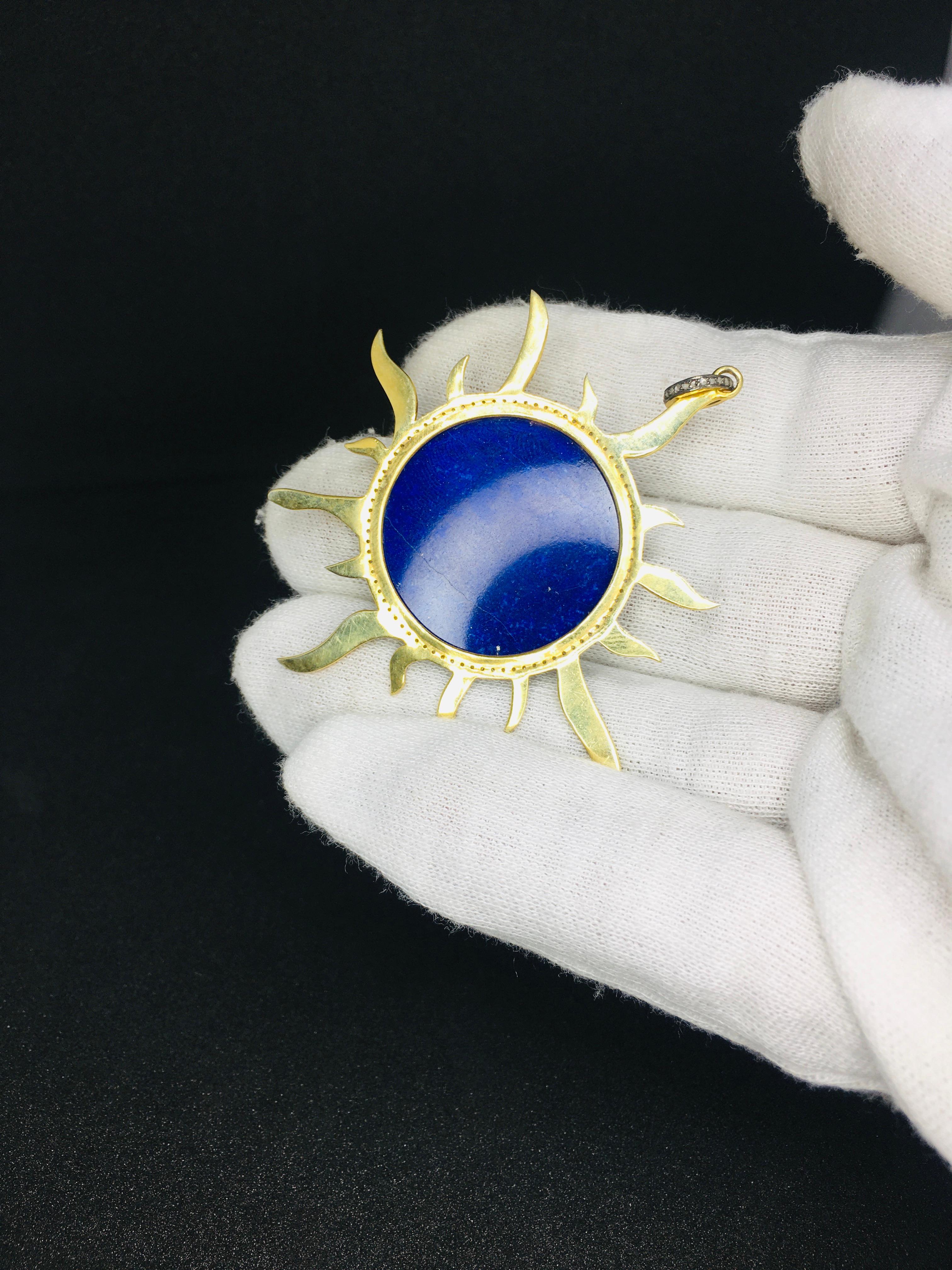 Women's or Men's lapis lazuli sun Diamond  Necklace, 925 Silver  Pendant For Sale