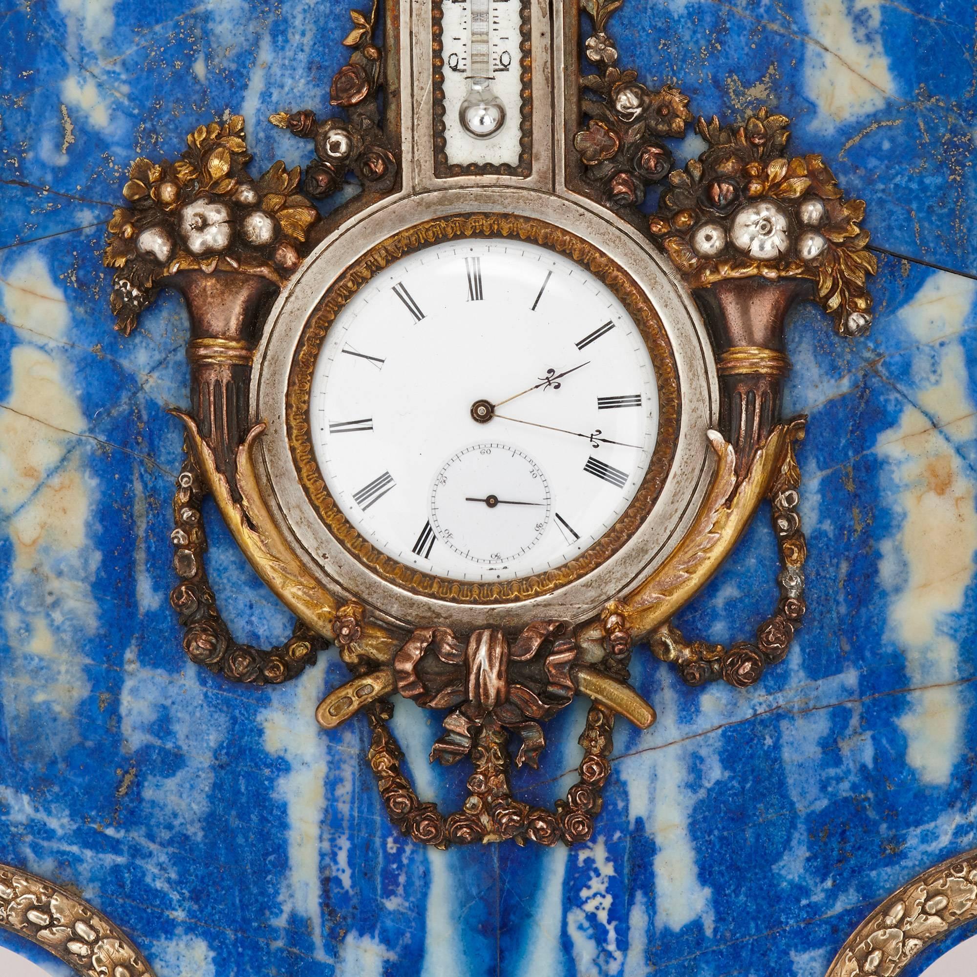 Belle Époque Horloge de table et baromètre en lapis-lazuli en vente