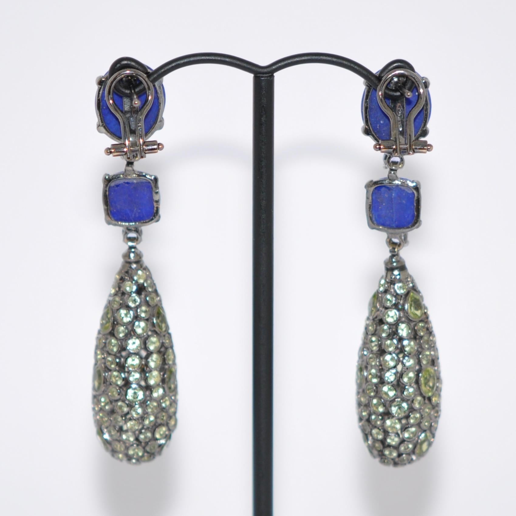 Women's Lapis Lazuli, Tanzanite and Peridot on Black Gold 18 Karat Chandelier Earrings