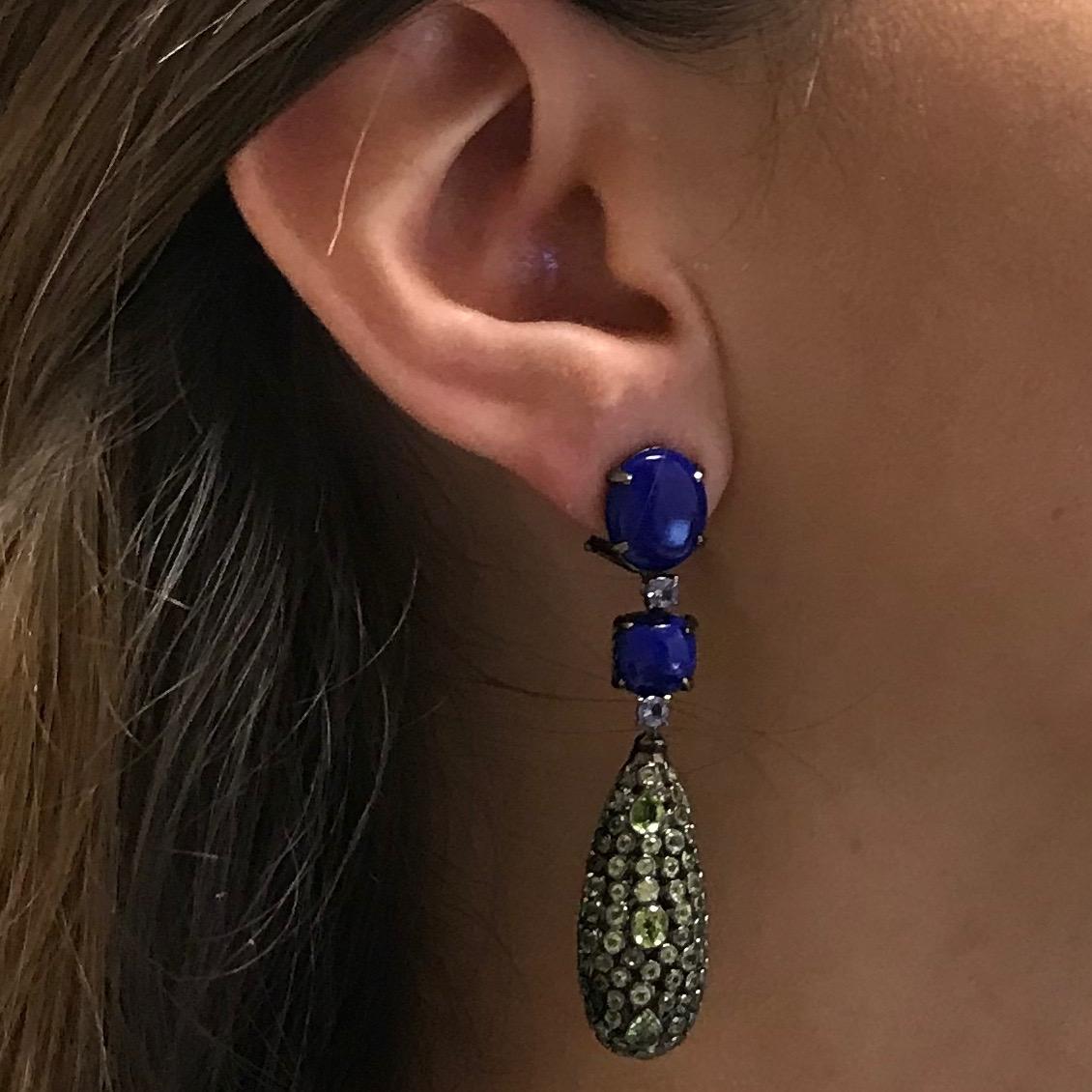 Lapis Lazuli, Tanzanite and Peridot on Black Gold 18 Karat Chandelier Earrings 1