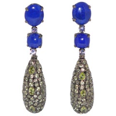 Lapis Lazuli, Tanzanite and Peridot on Black Gold 18 Karat Chandelier Earrings