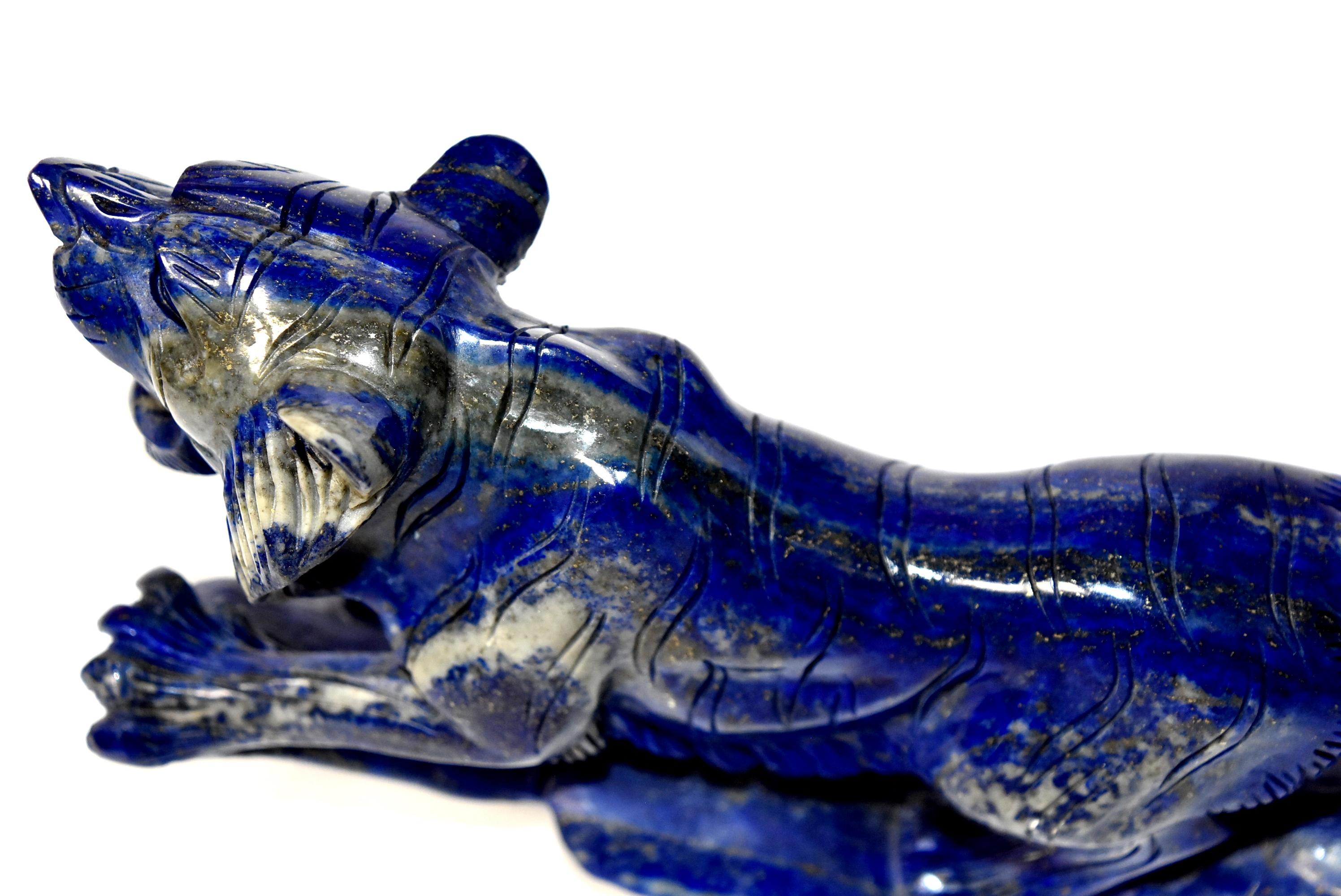 Lapis Lazuli Tiger Sculpture Statue, 2 lb Natural with White Tooth 4