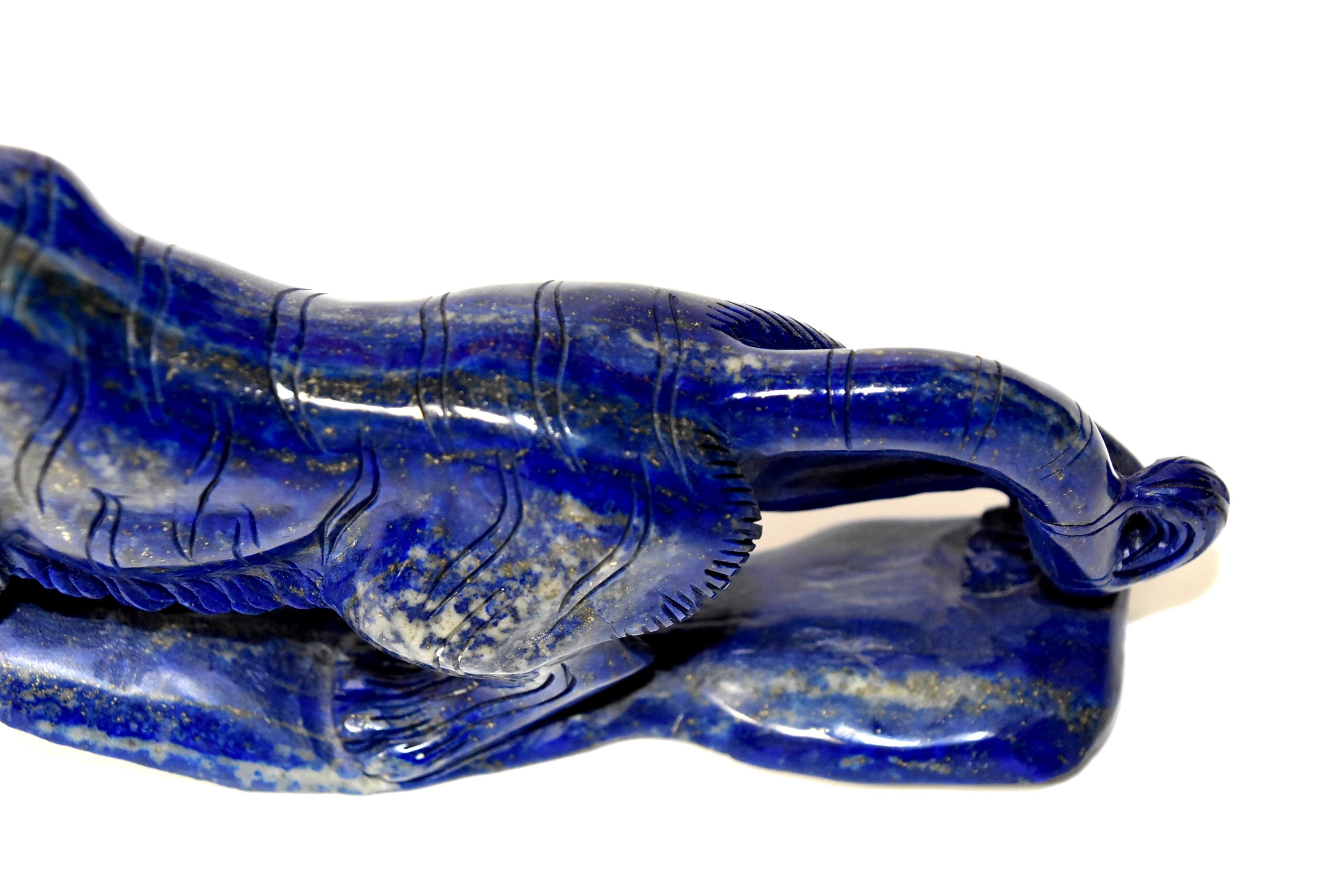 Lapis Lazuli Tiger Sculpture Statue, 2 lb Natural with White Tooth 5