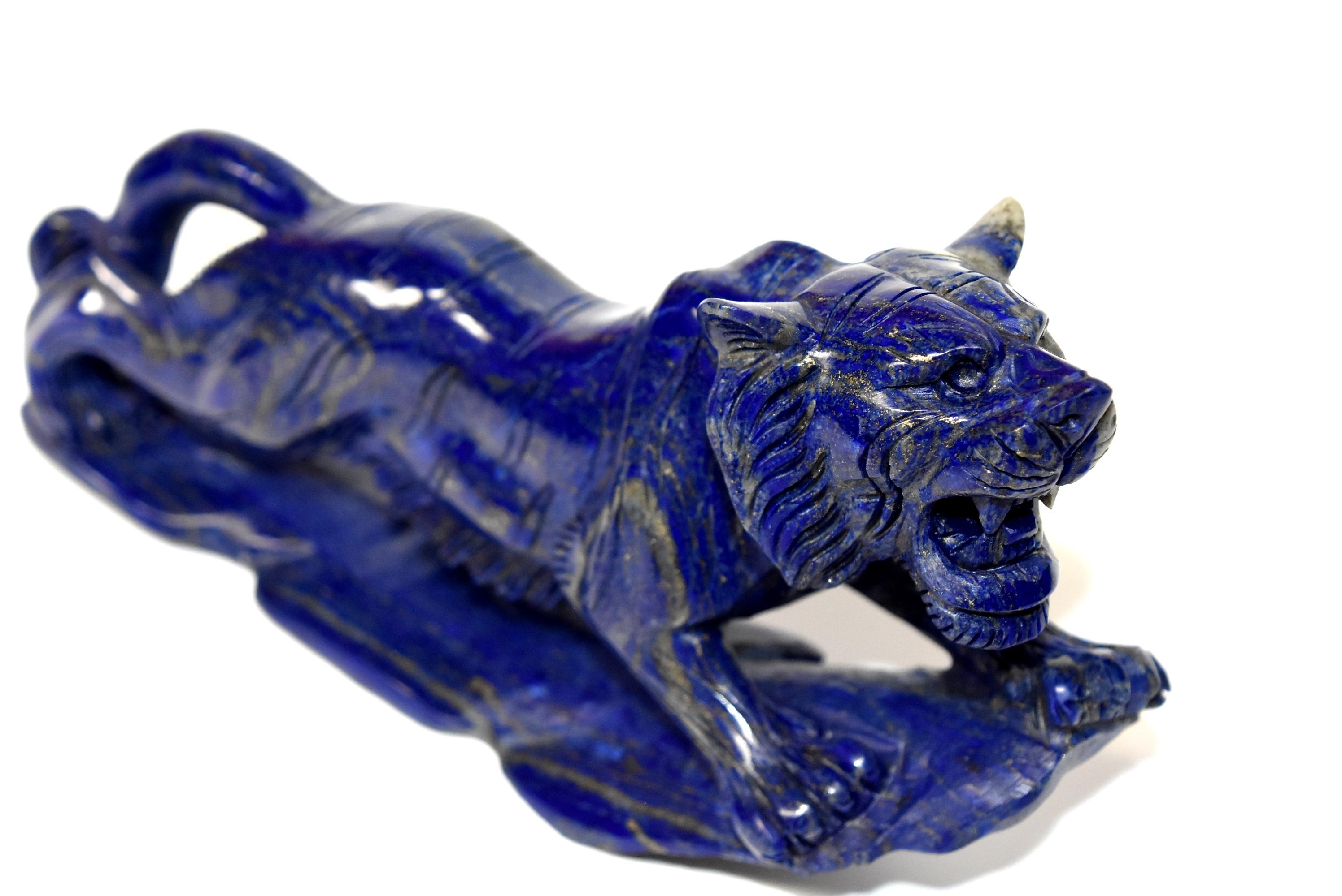 Lapis Lazuli Tiger Sculpture Statue, 2 lb Natural with White Tooth 6