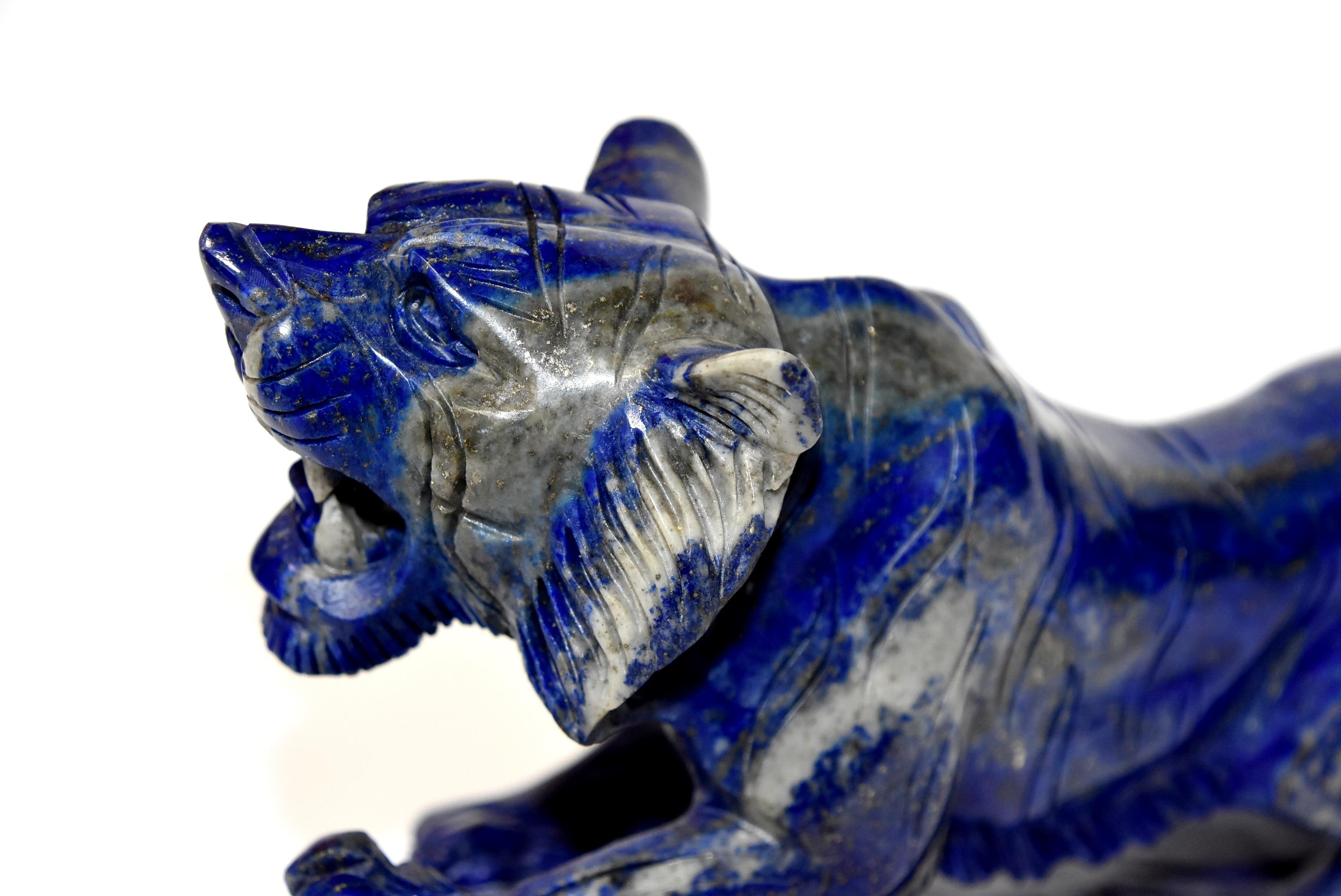 Lapis Lazuli Tiger Sculpture Statue, 2 lb Natural with White Tooth 7