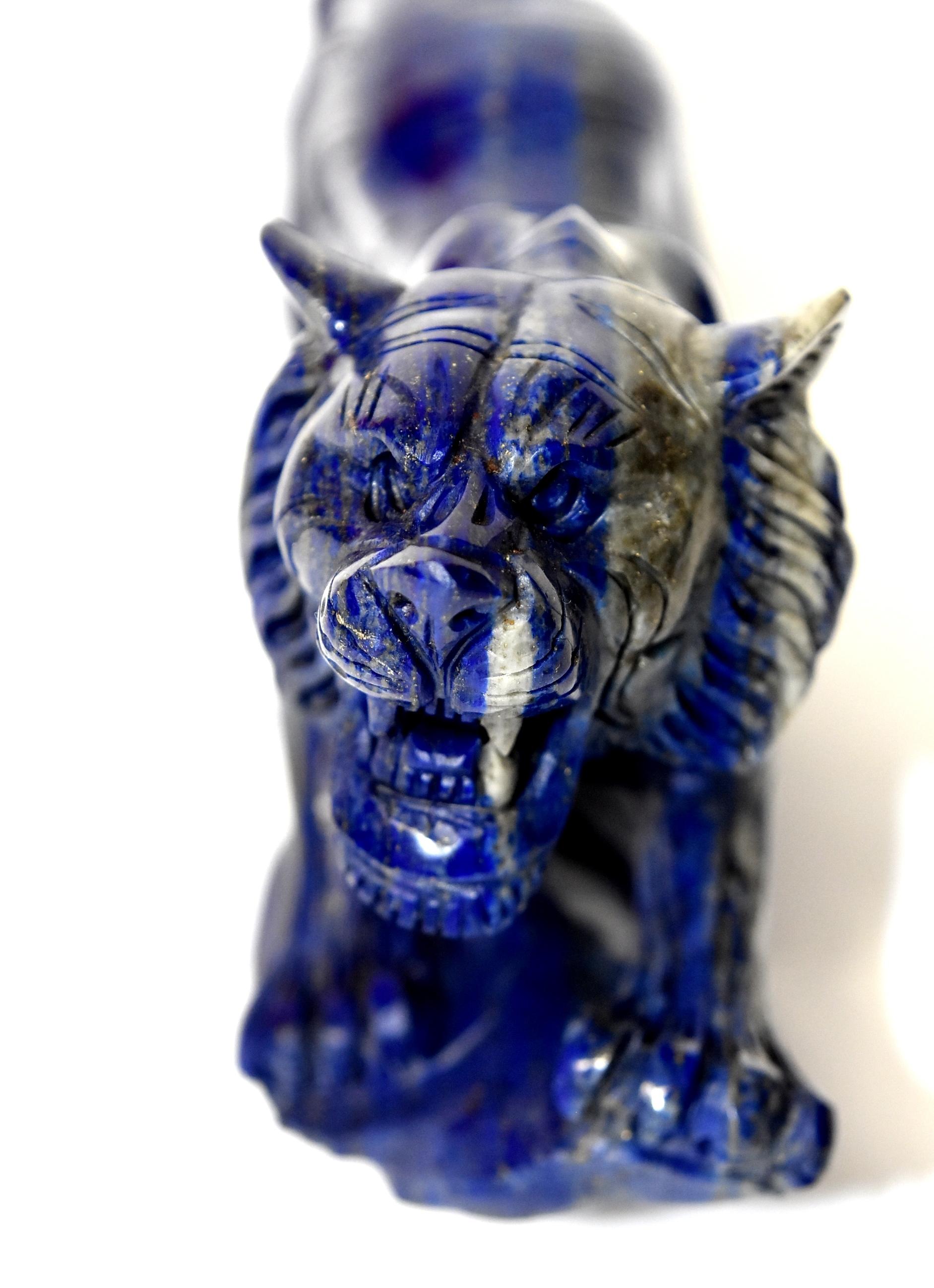 Lapis Lazuli Tiger Sculpture Statue, 2 lb Natural with White Tooth 8