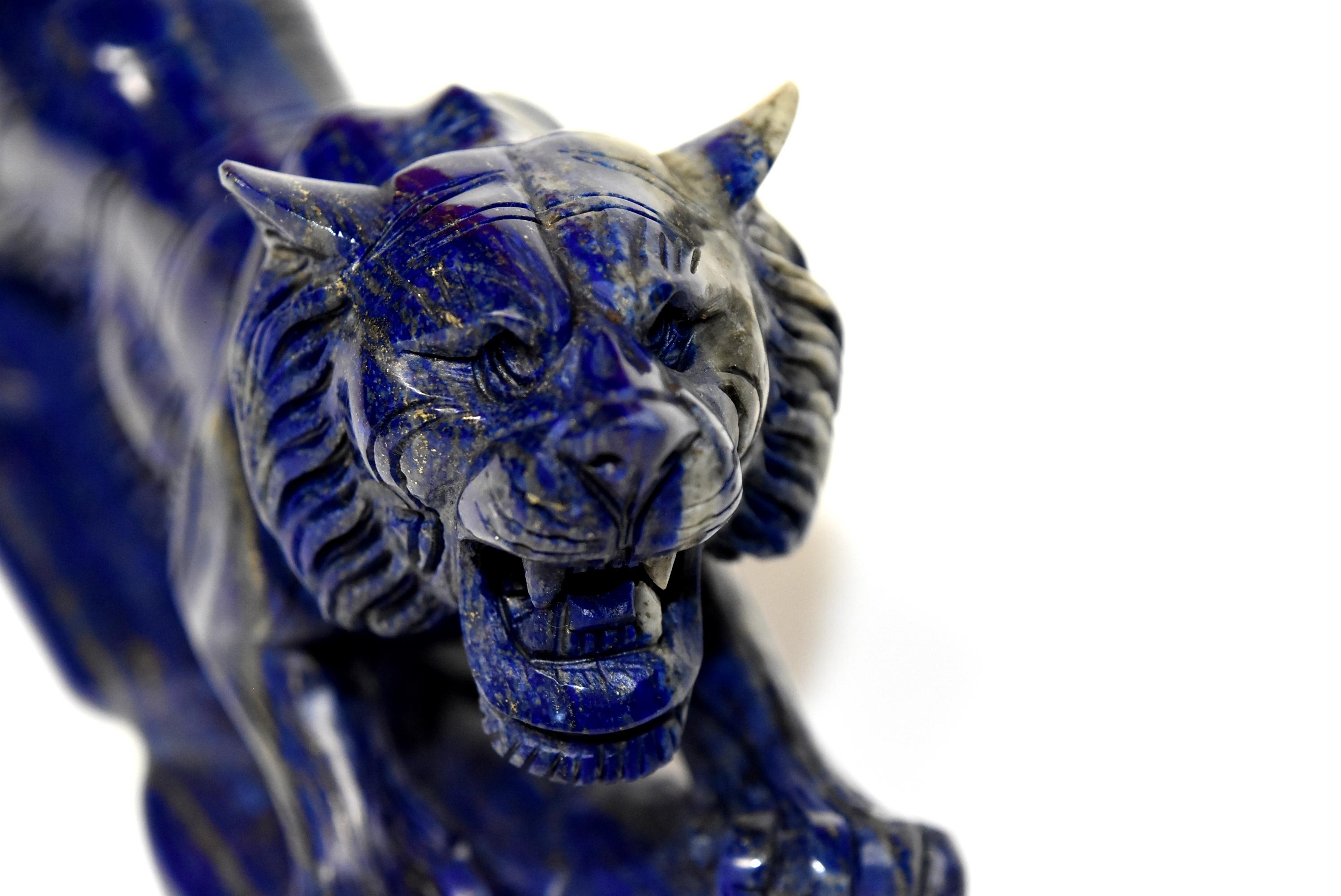 Lapis Lazuli Tiger Sculpture Statue, 2 lb Natural with White Tooth 9