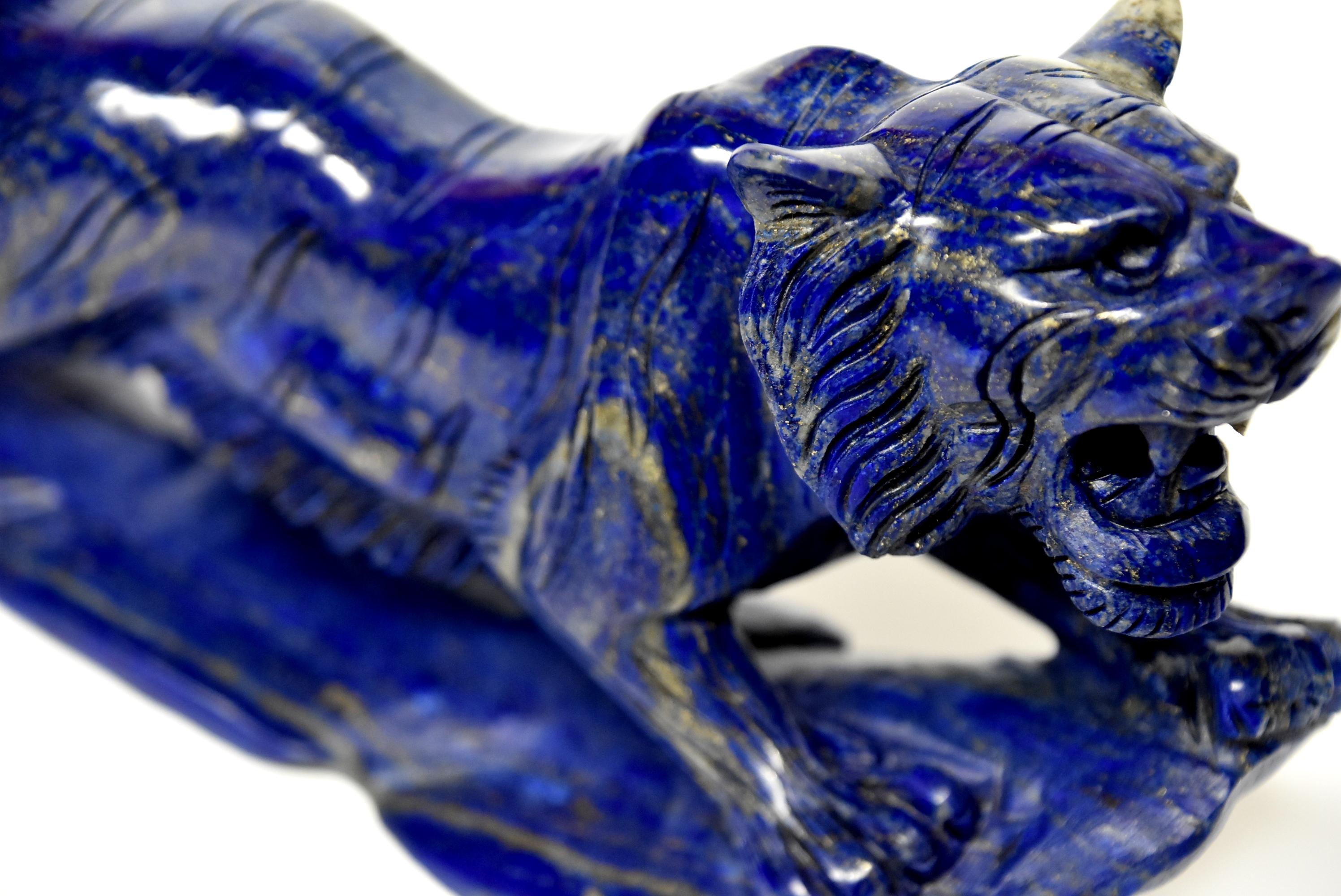 Lapis Lazuli Tiger Sculpture Statue, 2 lb Natural with White Tooth 11