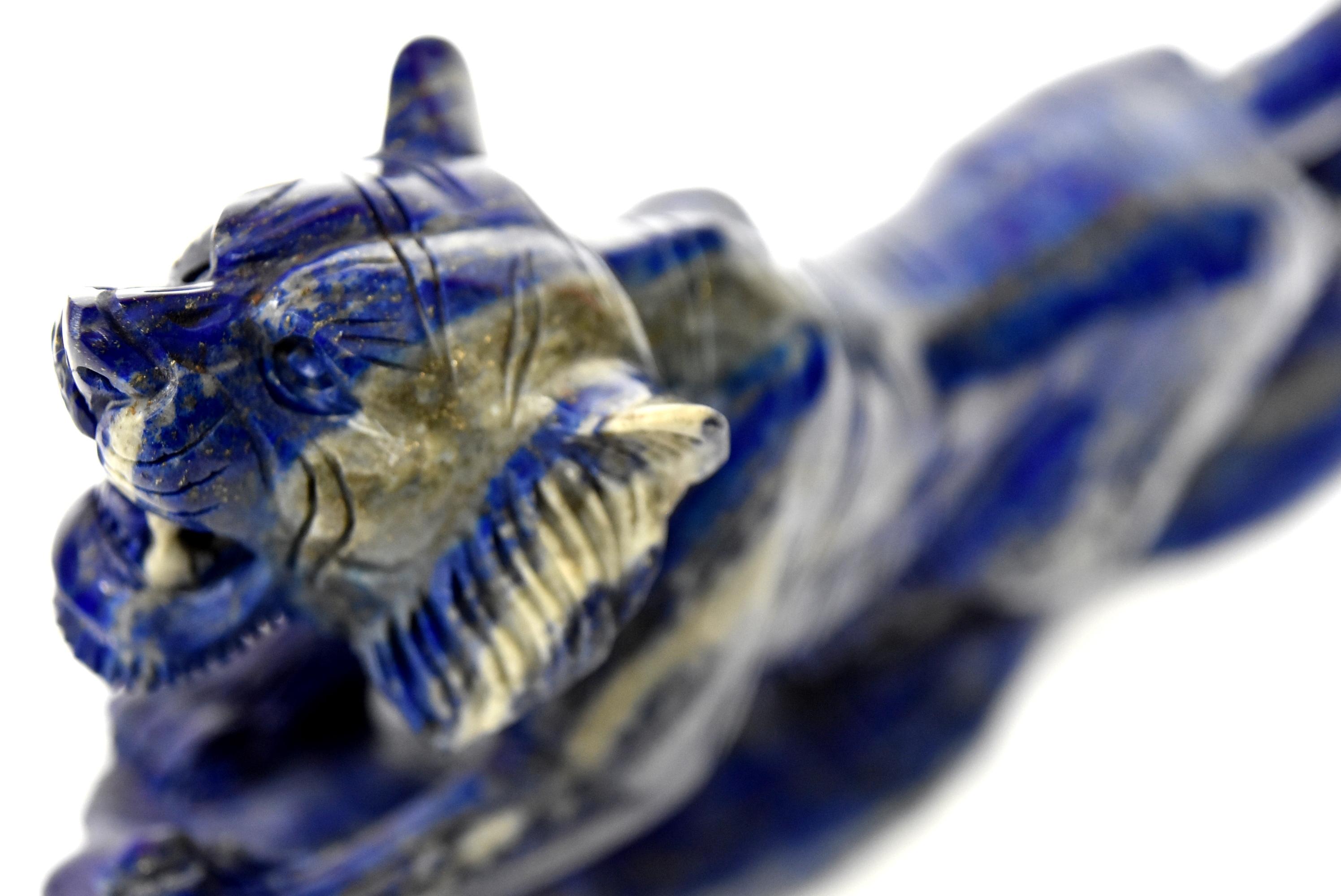 Lapis Lazuli Tiger Sculpture Statue, 2 lb Natural with White Tooth 12