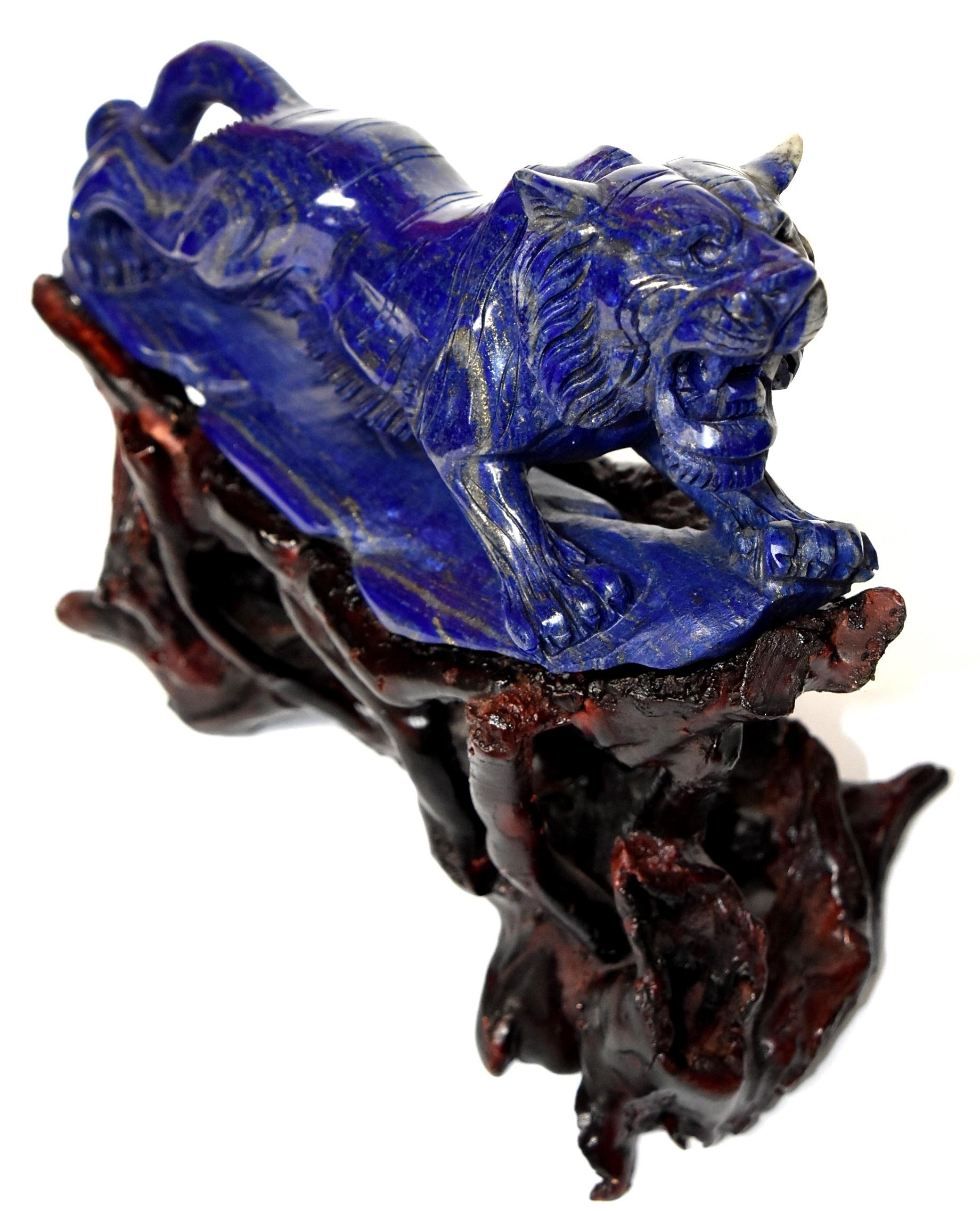Afghan Lapis Lazuli Tiger Sculpture Statue, 2 lb Natural with White Tooth