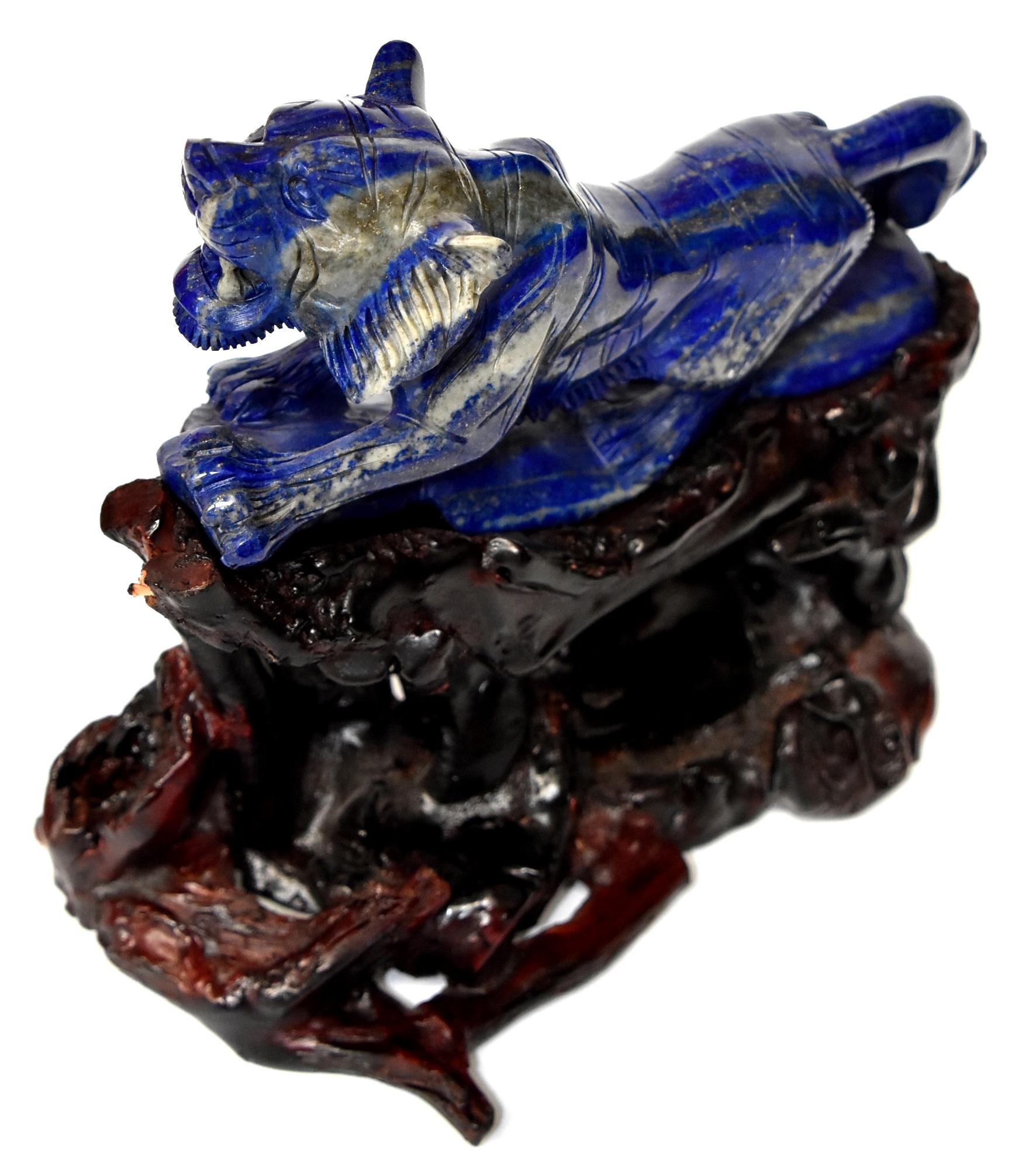 Hand-Carved Lapis Lazuli Tiger Sculpture Statue, 2 lb Natural with White Tooth