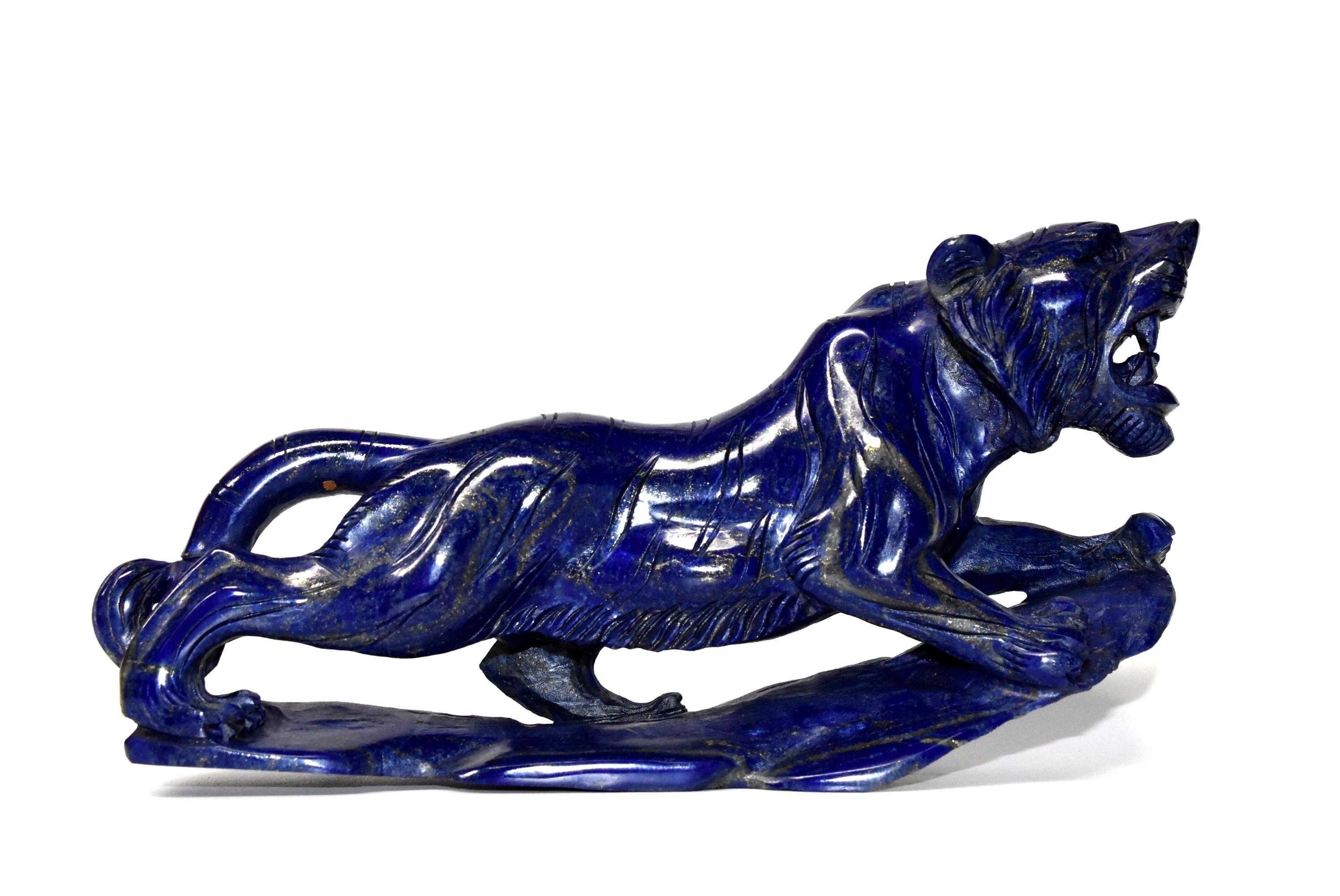 Lapis Lazuli Tiger Sculpture Statue, 2 lb Natural with White Tooth In Excellent Condition In Somis, CA