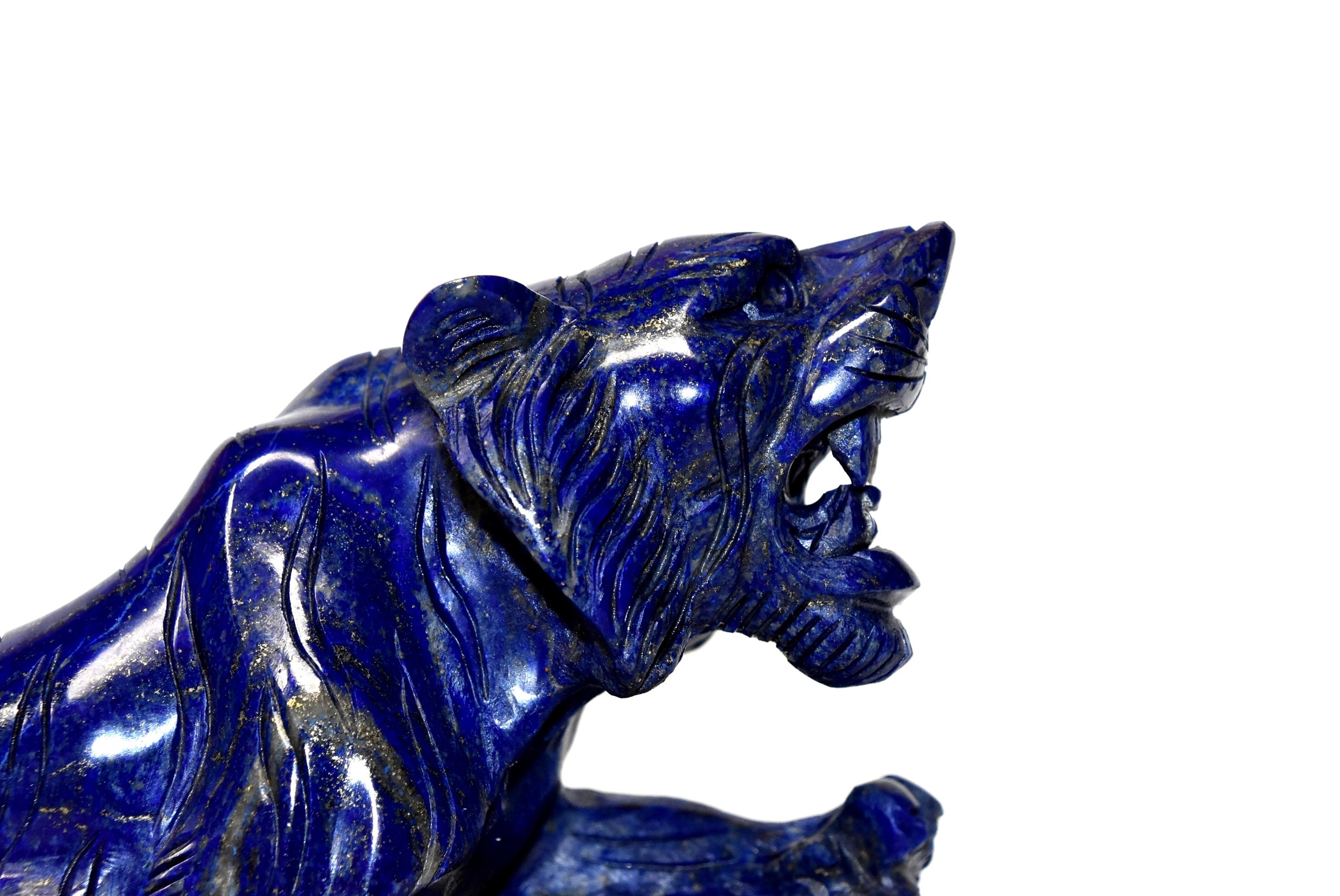 Contemporary Lapis Lazuli Tiger Sculpture Statue, 2 lb Natural with White Tooth