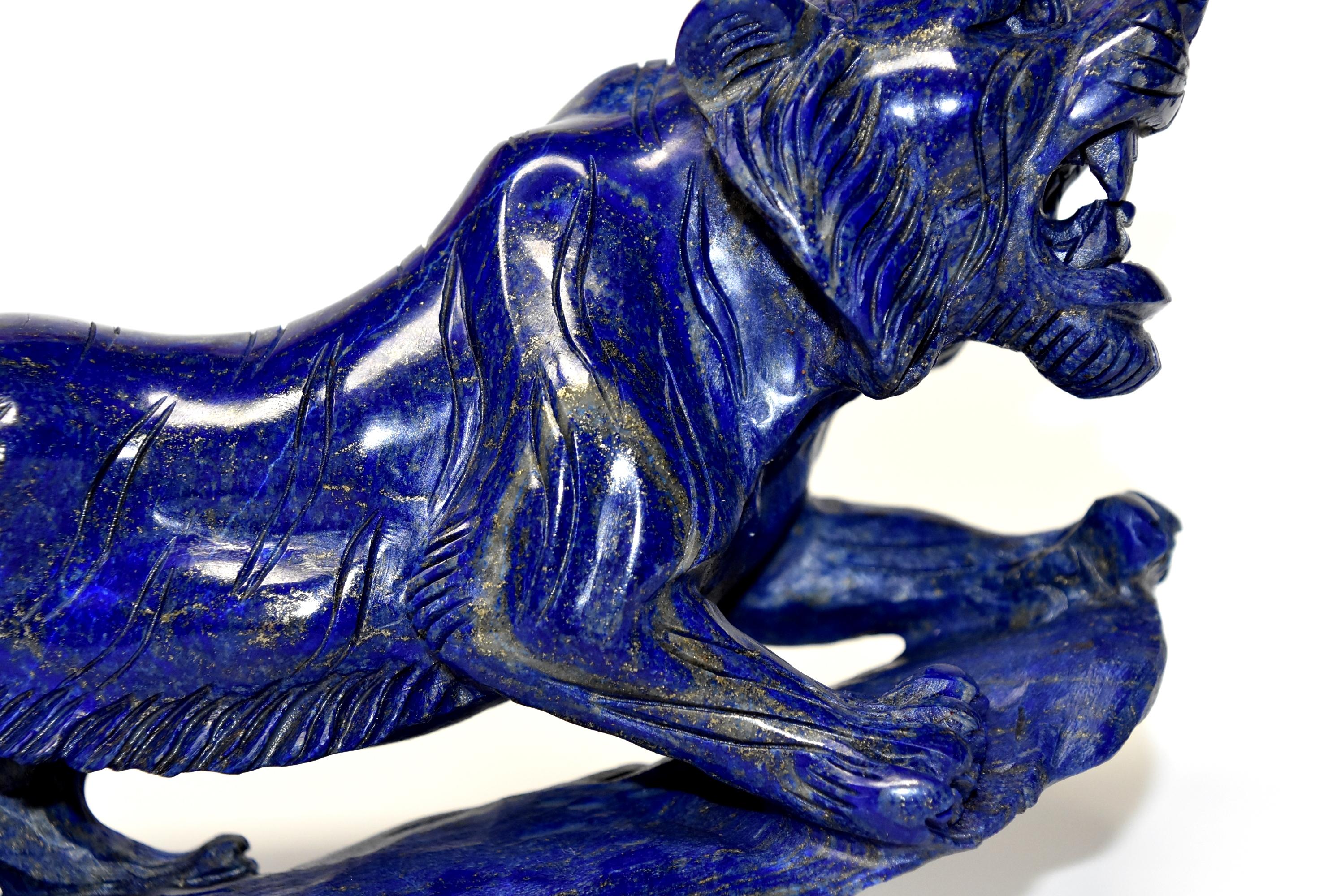 Lapis Lazuli Tiger Sculpture Statue, 2 lb Natural with White Tooth 1