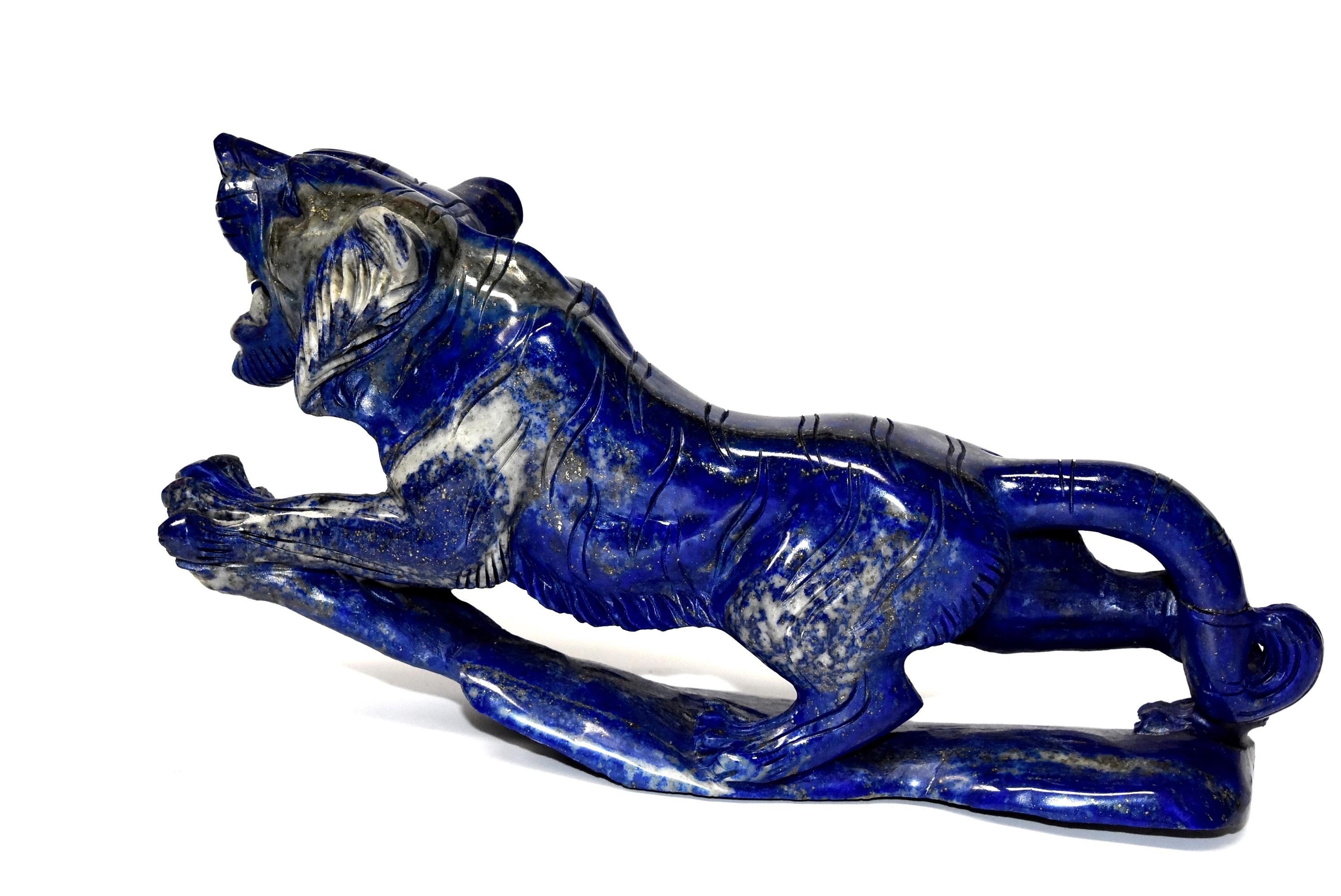 Lapis Lazuli Tiger Sculpture Statue, 2 lb Natural with White Tooth 3