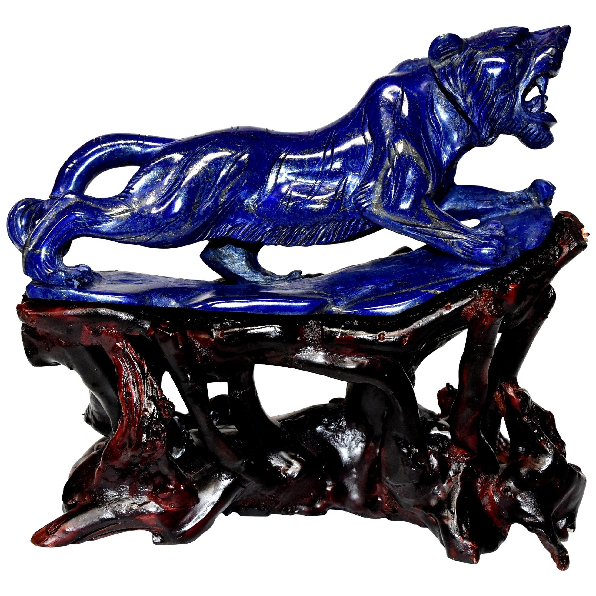 Lapis Lazuli Tiger Sculpture Statue, 2 lb Natural with White Tooth