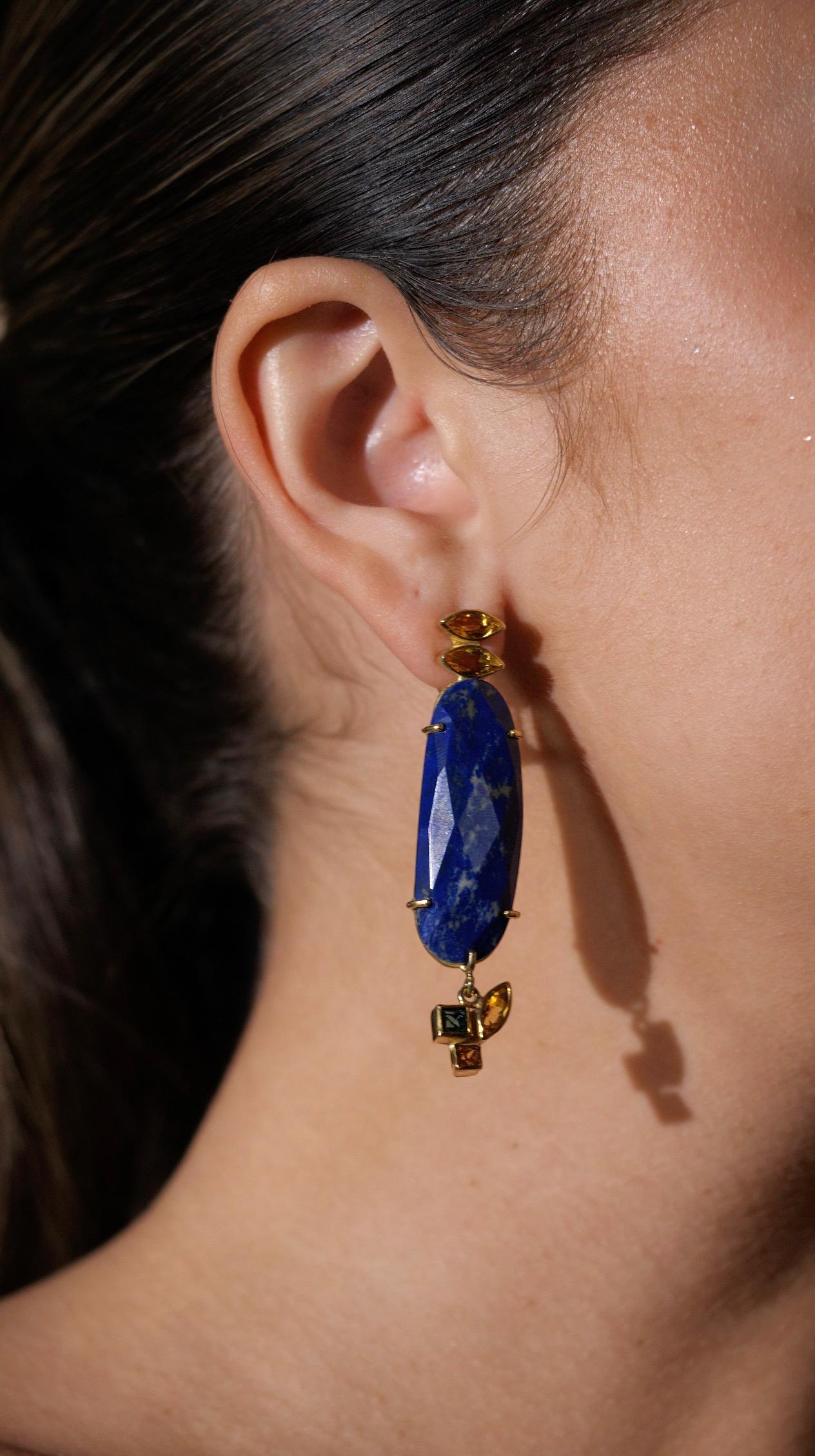 Lapis Lazuli Tourmaline Citrine Pink Sapphire Yellow Gold Dangle Earrings For Sale 2