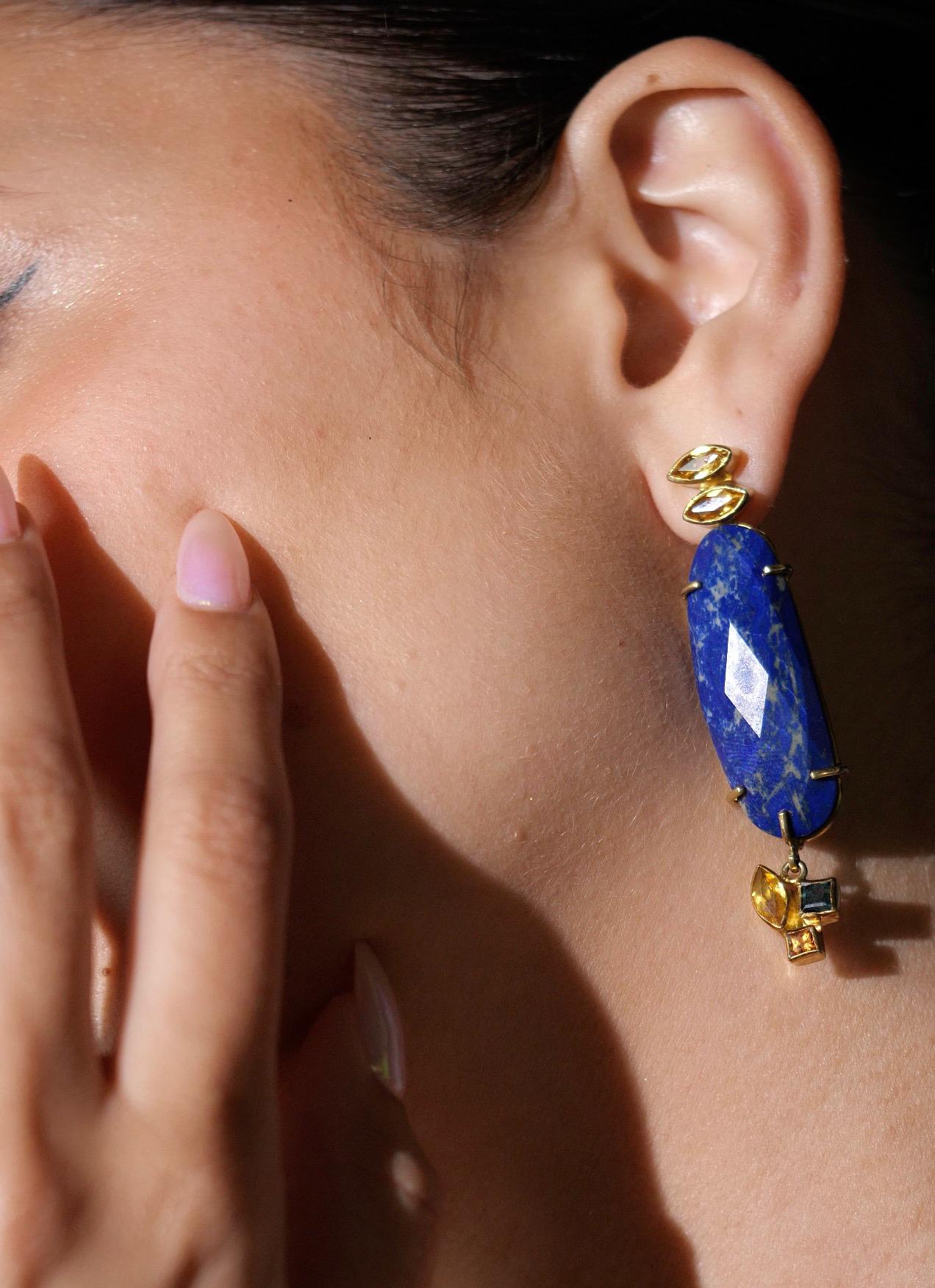 Modern Lapis Lazuli Tourmaline Citrine Pink Sapphire Yellow Gold Dangle Earrings For Sale