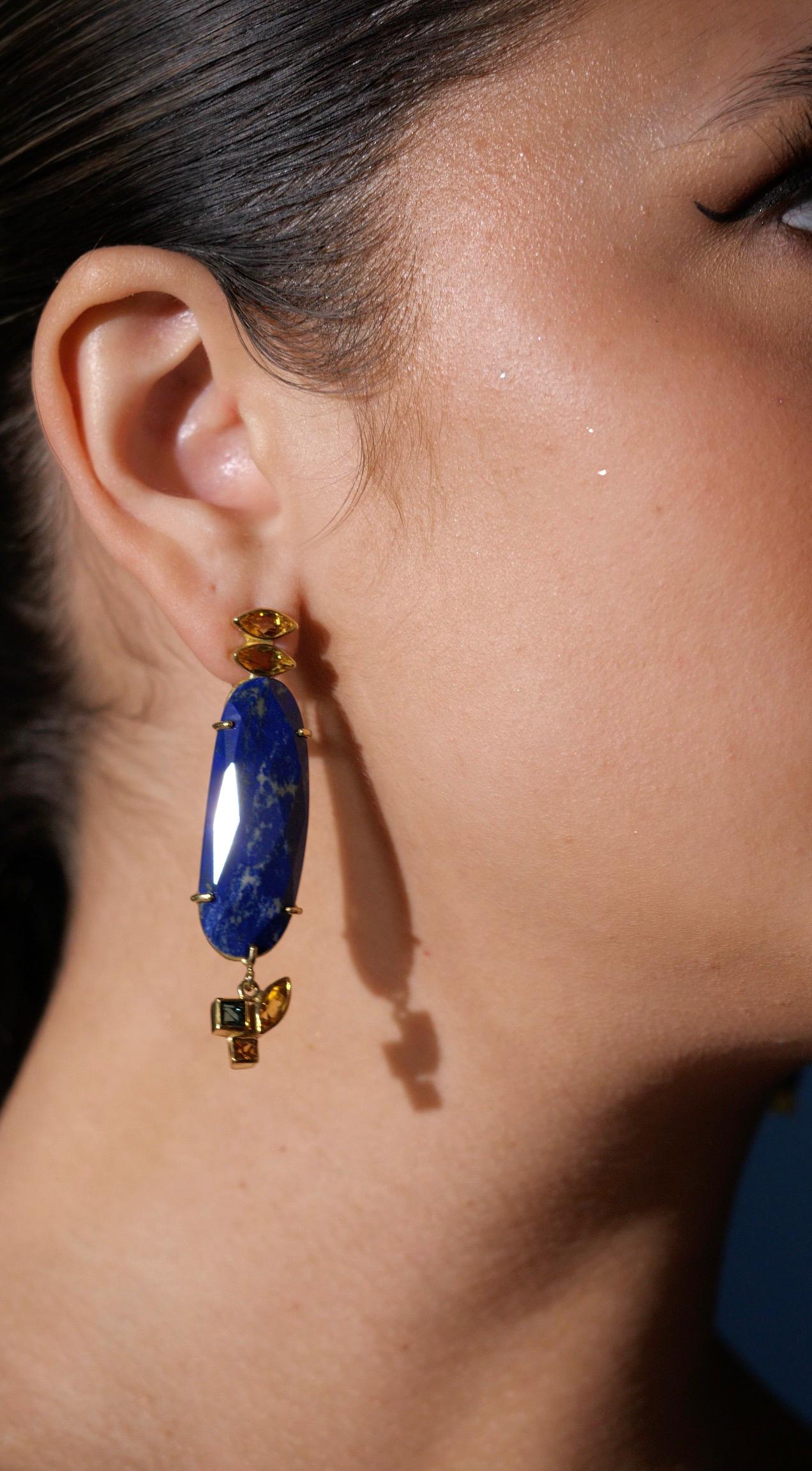 Lapis Lazuli Tourmaline Citrine Pink Sapphire Yellow Gold Dangle Earrings In New Condition For Sale In Woodstock, GA