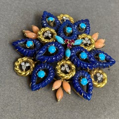 Lapis Lazuli Turquoise and Coral Pendant Brooch
