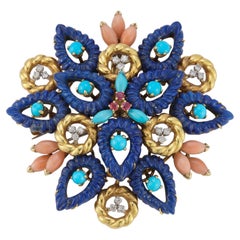 Lapis Lazuli Turquoise and Coral Pendant Brooch