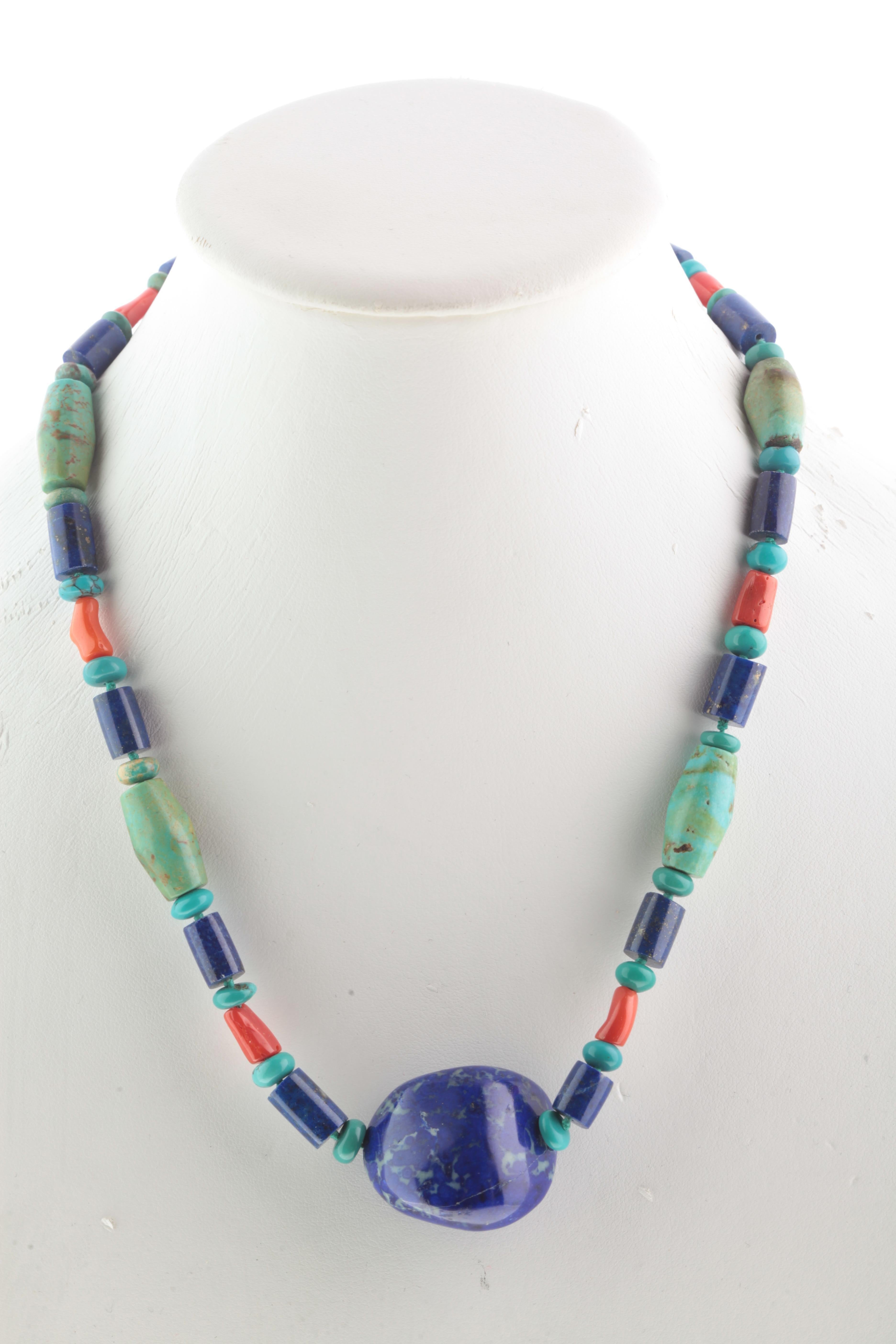 Anglo-Indian Lapis Lazuli Turquoise Coral Handmade Silver Tribal Warrior Bold Necklace For Sale
