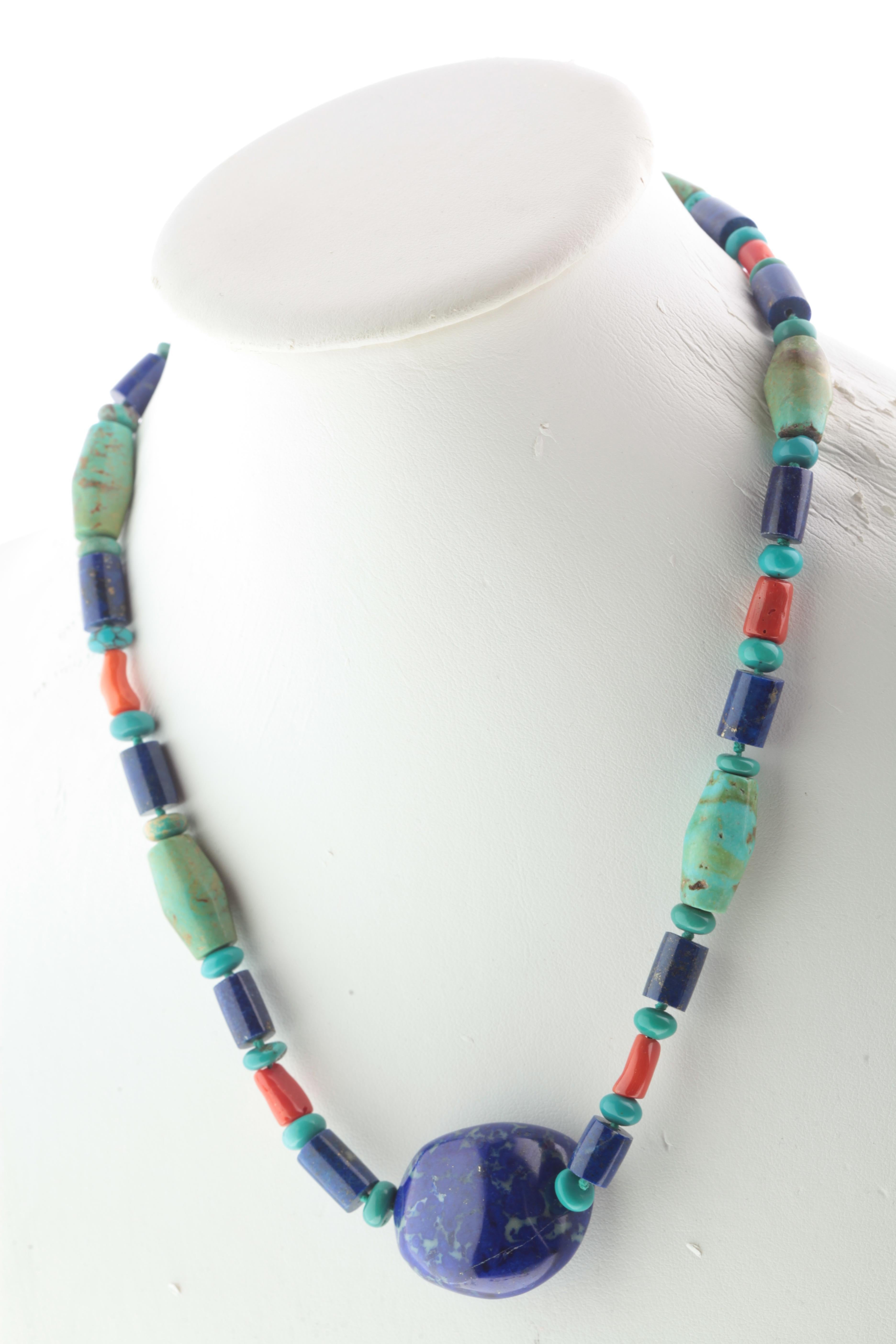 Mixed Cut Lapis Lazuli Turquoise Coral Handmade Silver Tribal Warrior Bold Necklace For Sale