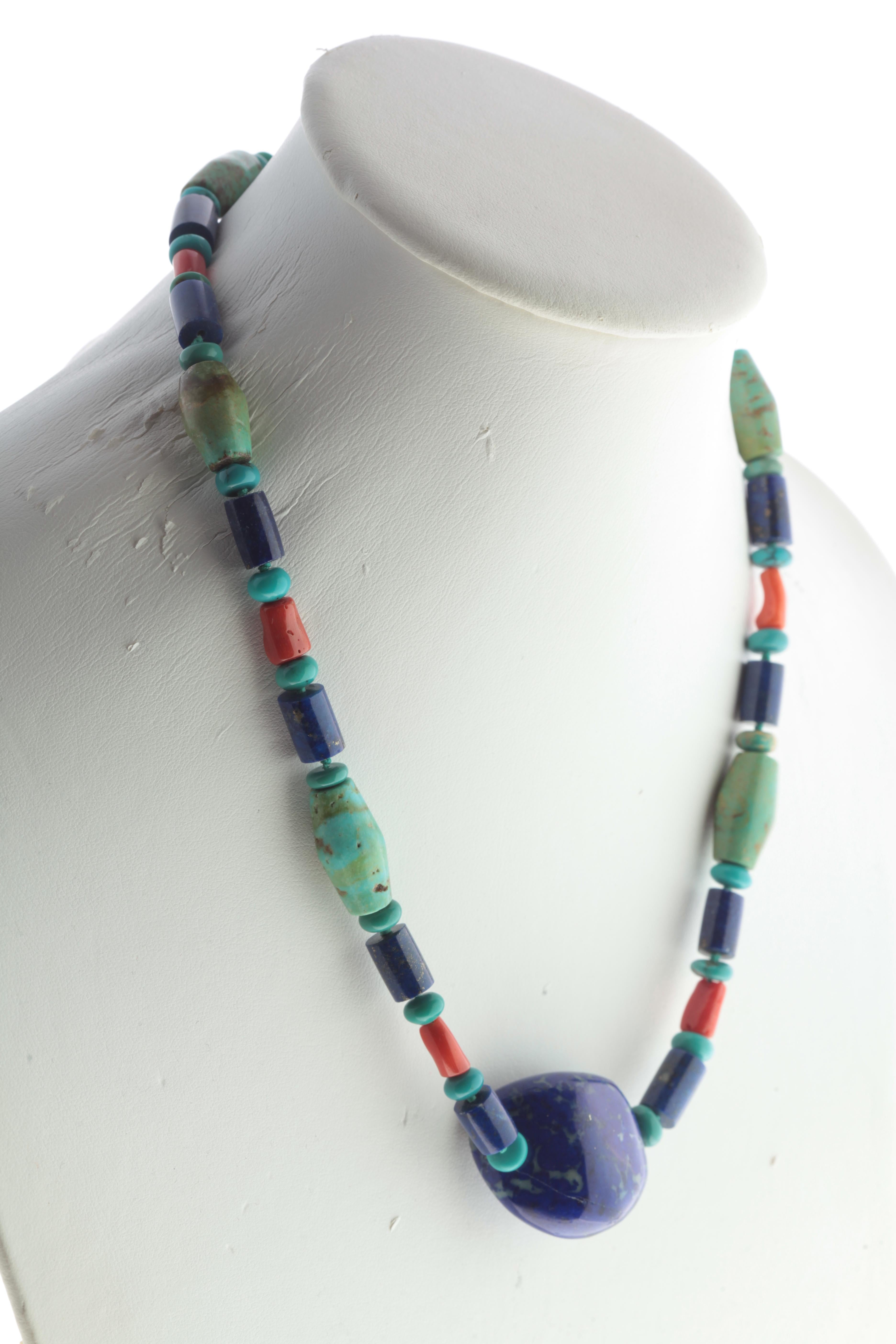 Lapis Lazuli Turquoise Coral Handmade Silver Tribal Warrior Bold Necklace In New Condition For Sale In Milano, IT