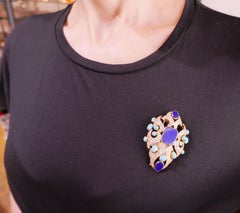 Lapis Lazuli Turquoise Diamond Yellow Gold Brooch Pin Clip, 1970s, French