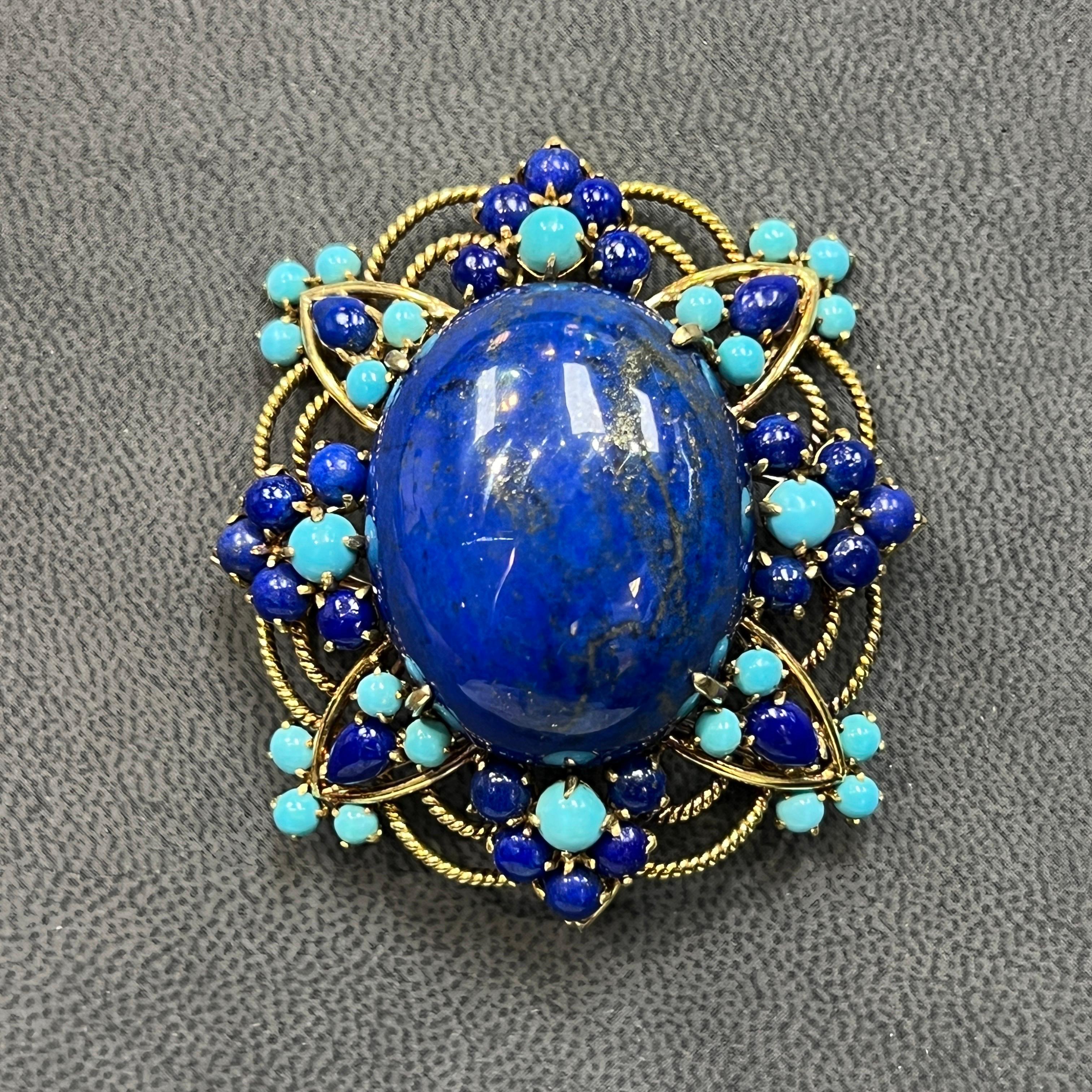 Broche Flor de lapislázuli y turquesa Cabujón en venta