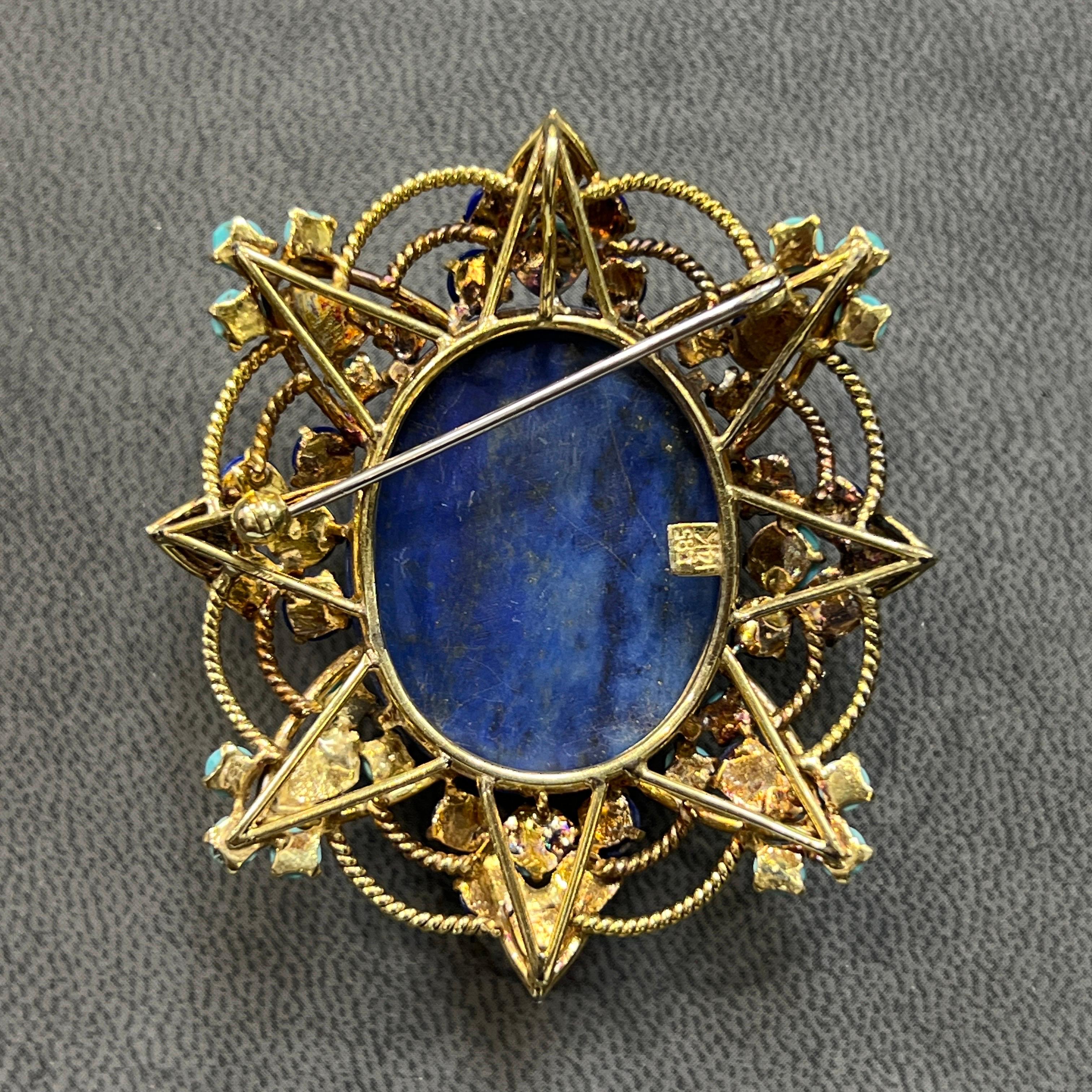 Broche Flor de lapislázuli y turquesa en Excelente estado para la venta en New York, NY