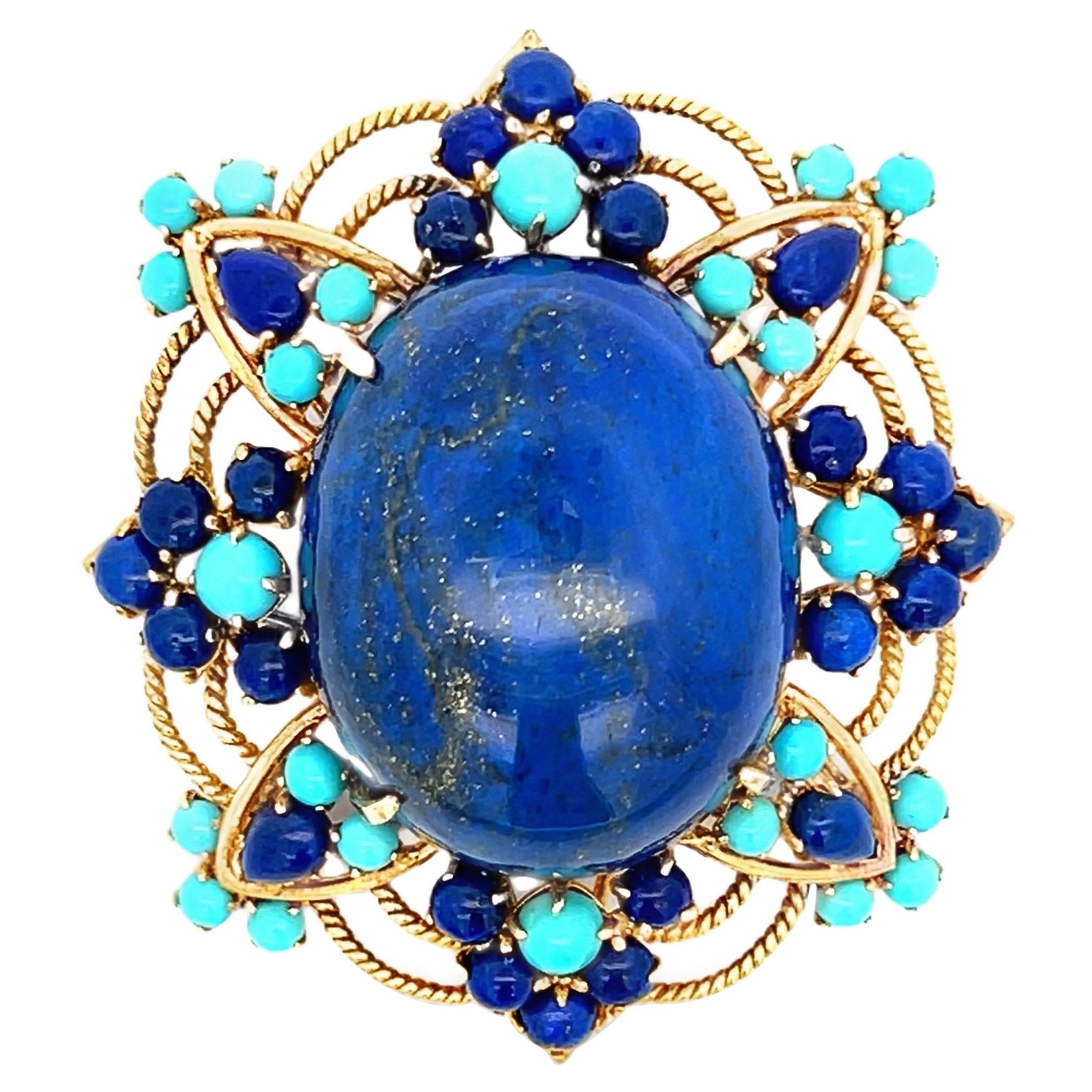 Lapis Lazuli & Turquoise Flower Pendant Brooch