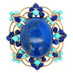 Broche fleur en lapis-lazuli et turquoise