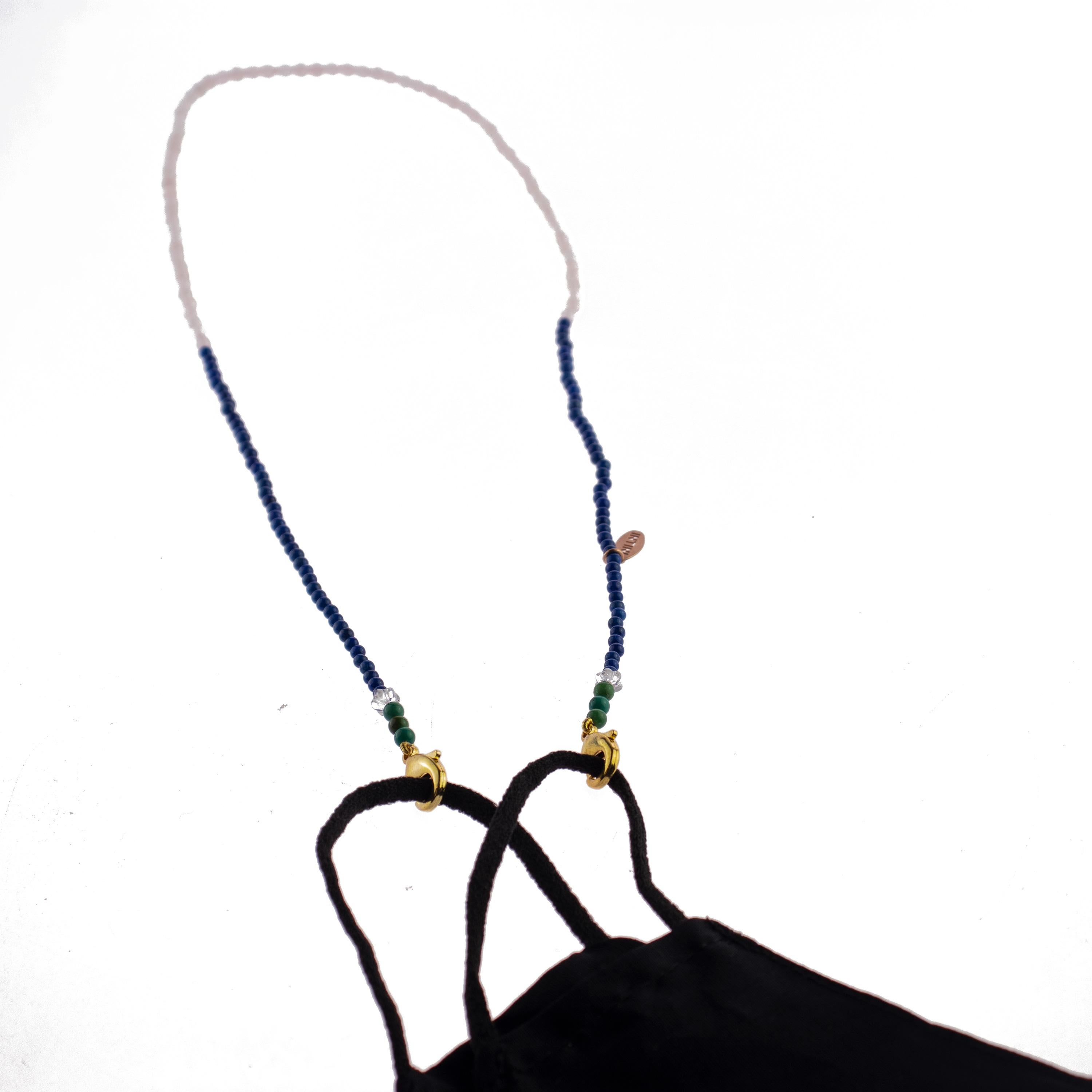 Women's or Men's Lapis Lazuli Turquoise Quartz Rock Crystal Bead String Face Mask Holder Necklace For Sale