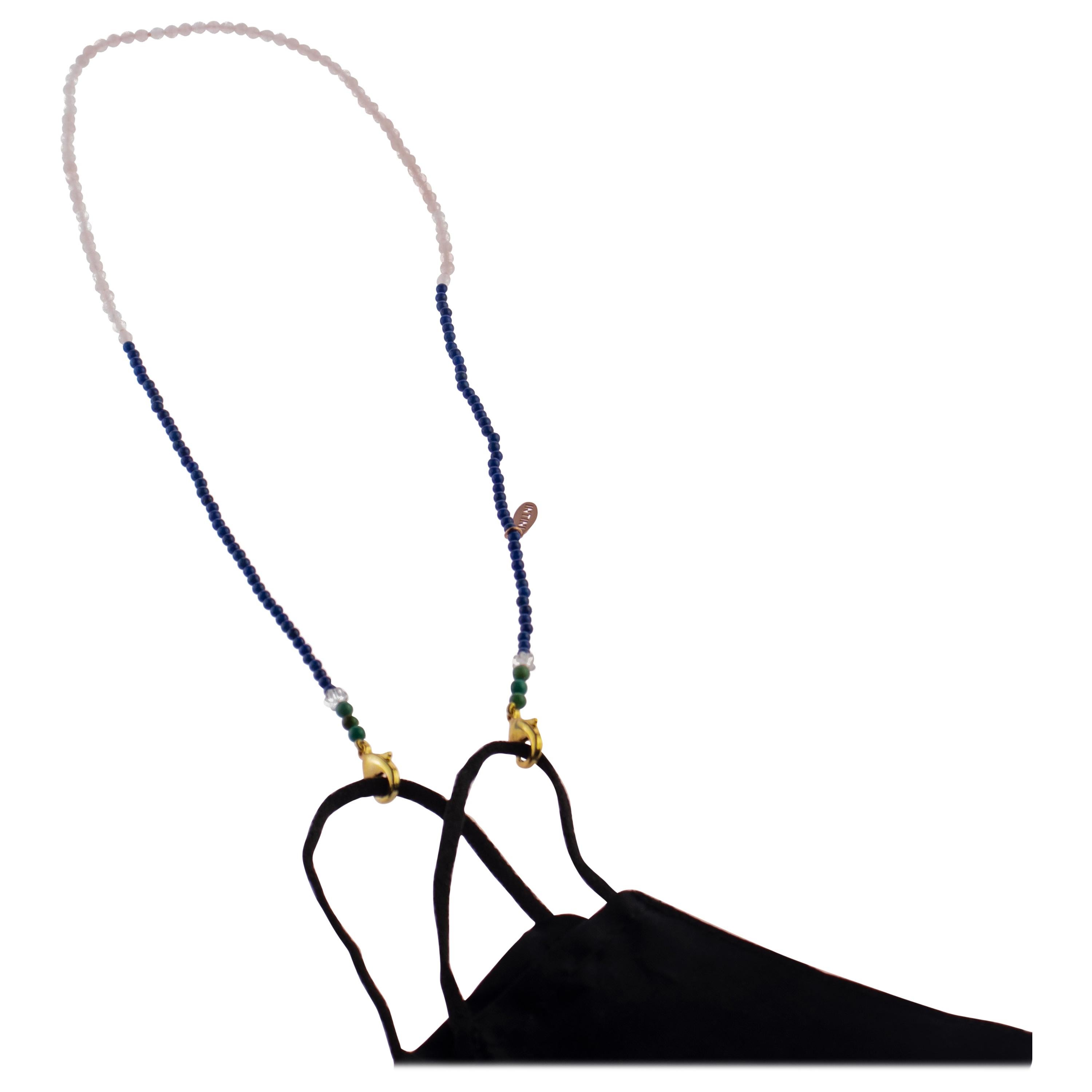 Lapis Lazuli Turquoise Quartz Rock Crystal Bead String Face Mask Holder Necklace For Sale