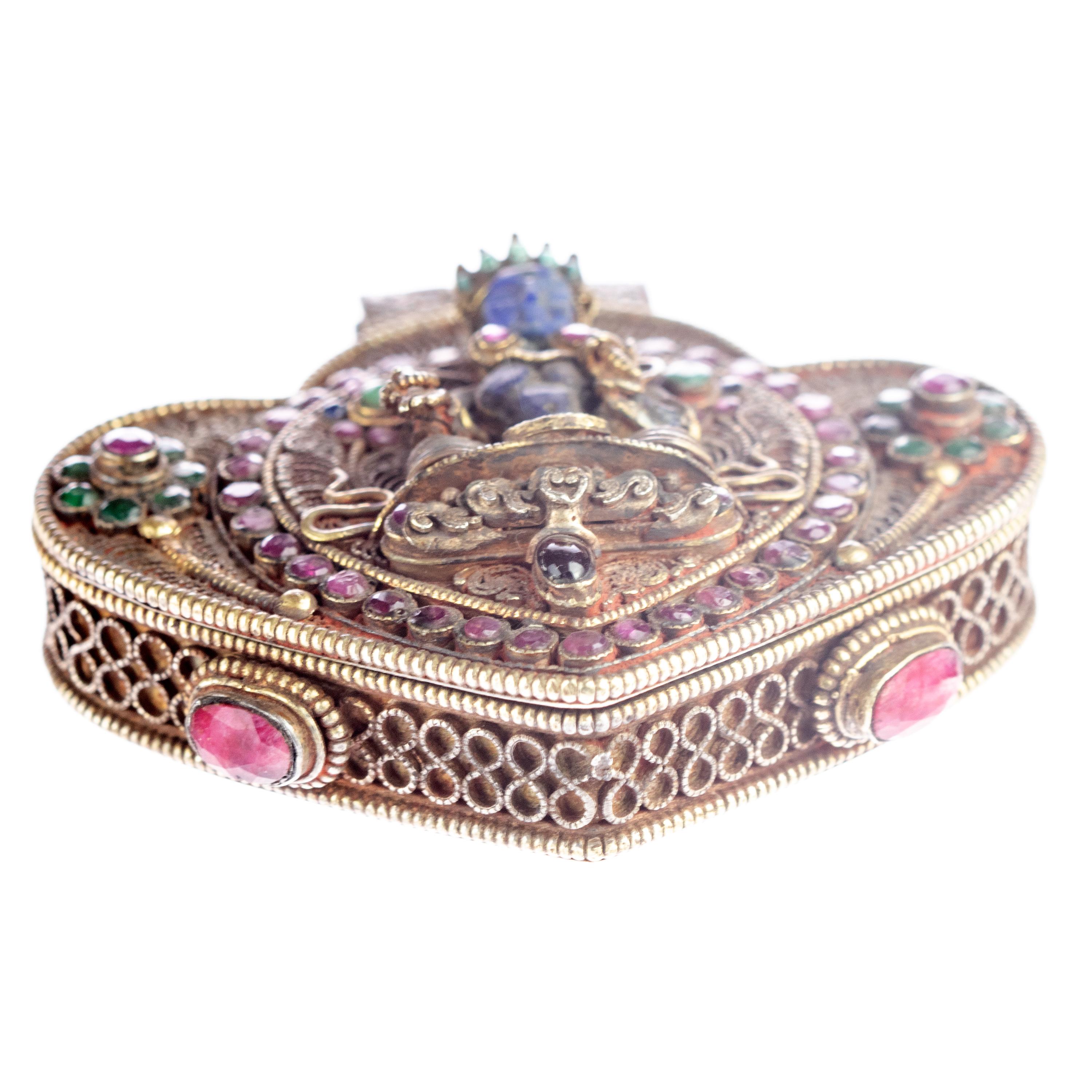 Artisan Lapis Lazuli Turquoise Ruby Emerald Tibetan Buddhist Prayer Pendant Jewelry Box For Sale