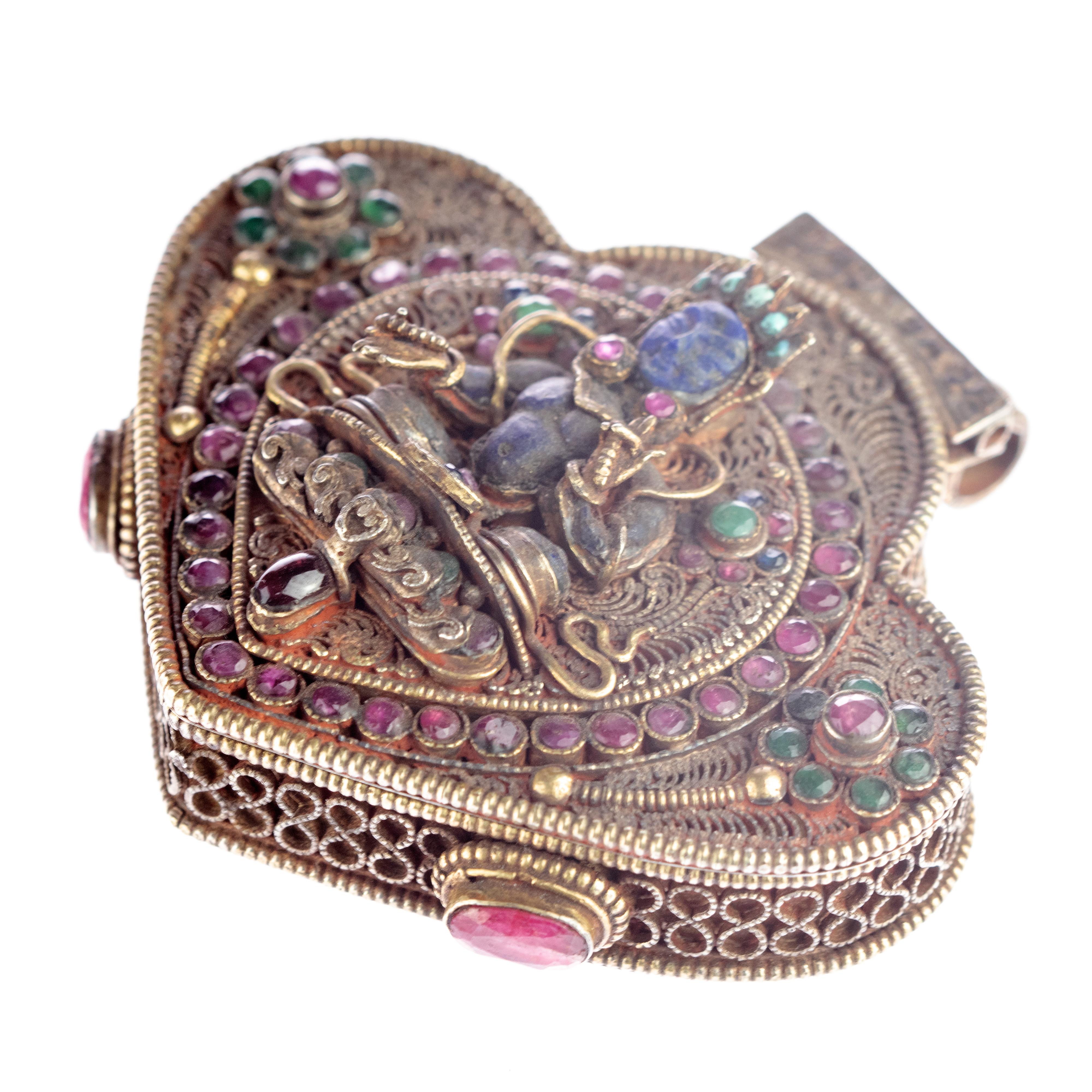 Mixed Cut Lapis Lazuli Turquoise Ruby Emerald Tibetan Buddhist Prayer Pendant Jewelry Box For Sale
