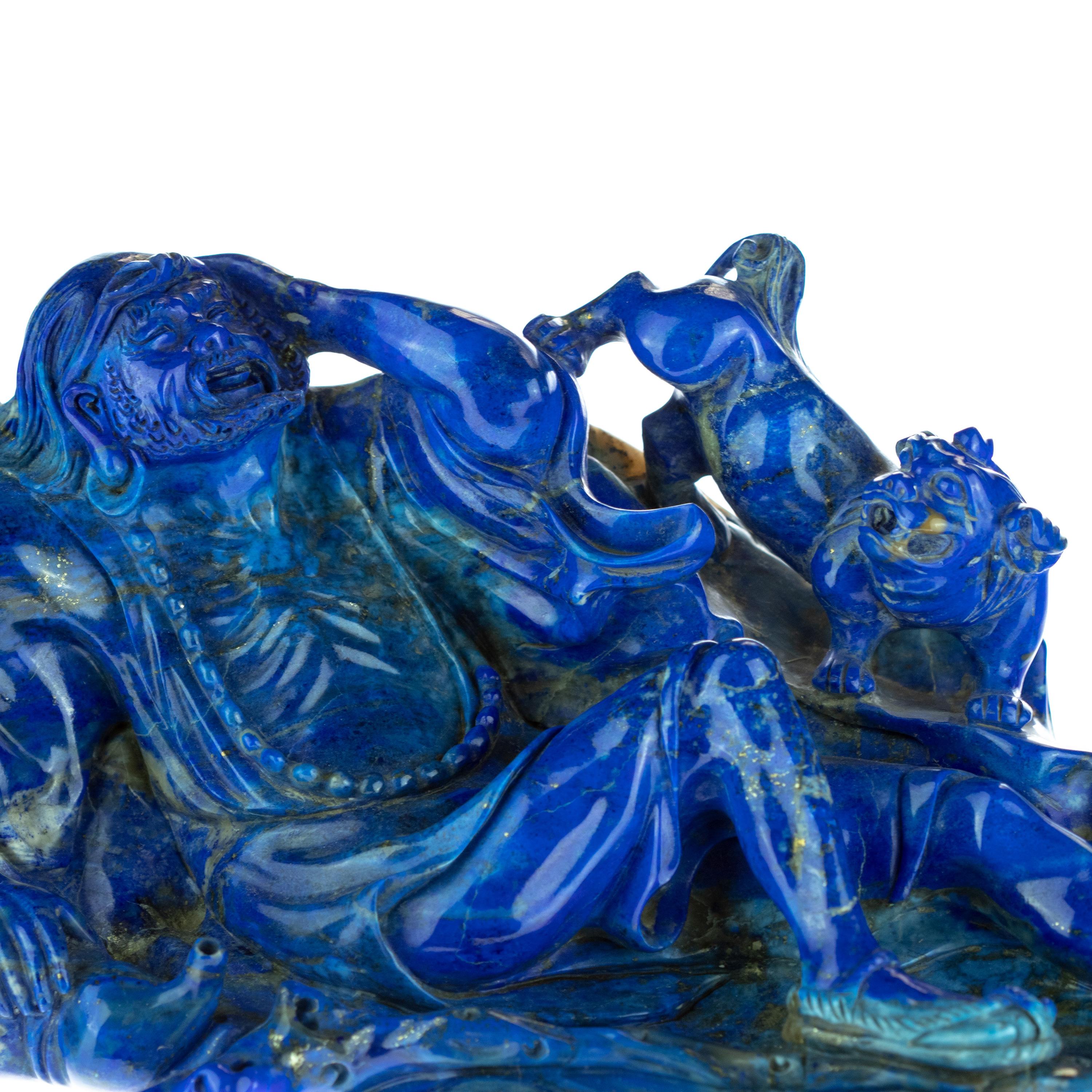Hong Kong Lapis Lazuli Wayfarer Figurine Smile Monk Carved Artisanal Statue Sculpture For Sale