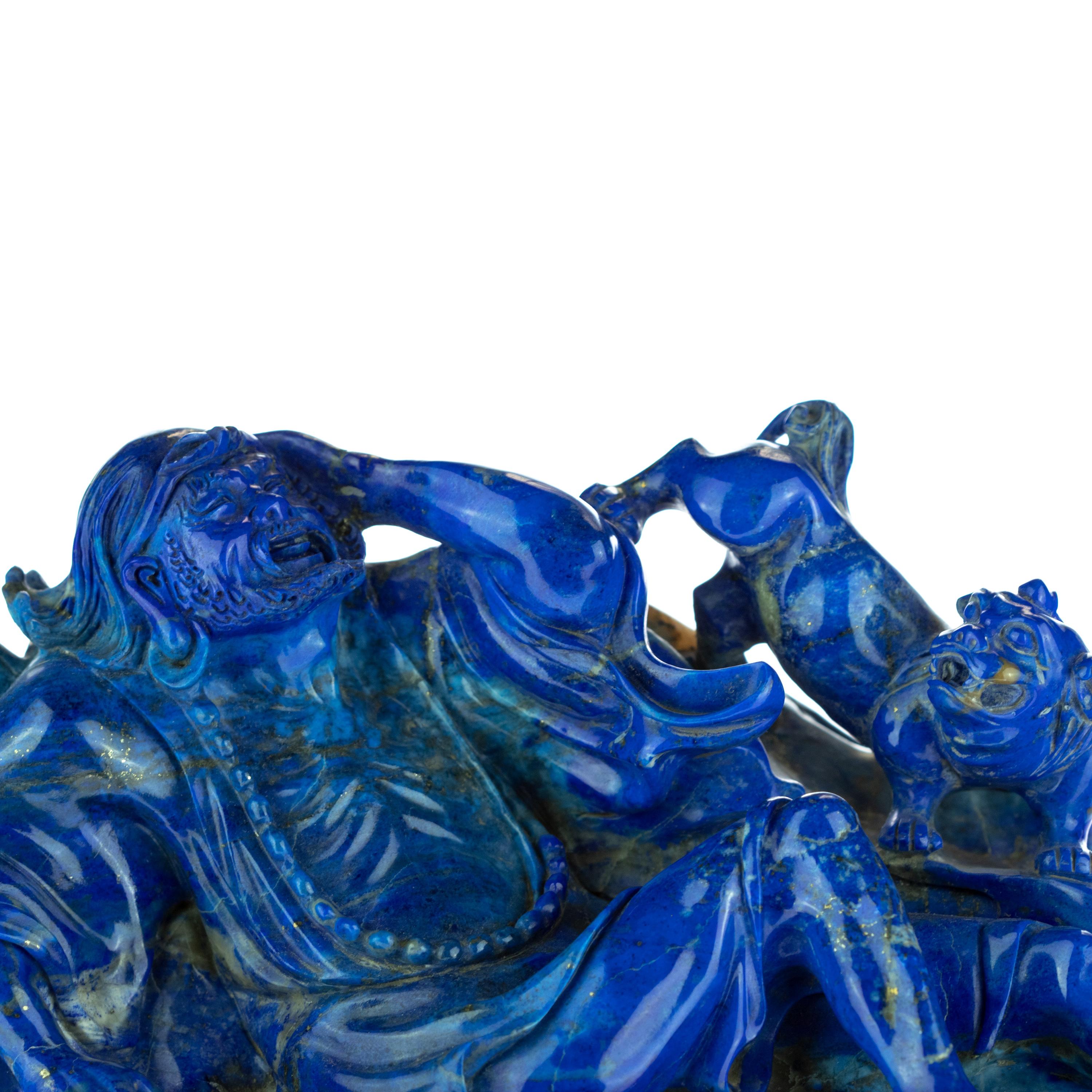 Hand-Carved Lapis Lazuli Wayfarer Figurine Smile Monk Carved Artisanal Statue Sculpture For Sale