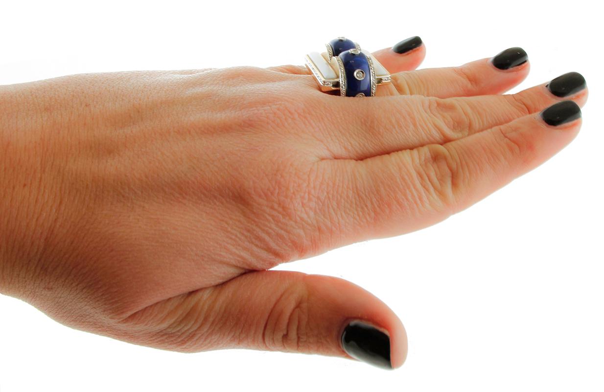 Lapis Lazuli, White Agate, Diamonds, Italian Style Fashion Ring For Sale 1