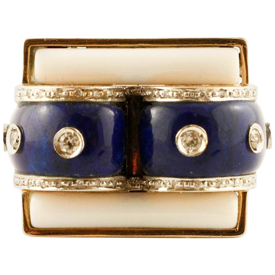 Lapis Lazuli, White Agate, Diamonds, Italian Style Fashion Ring