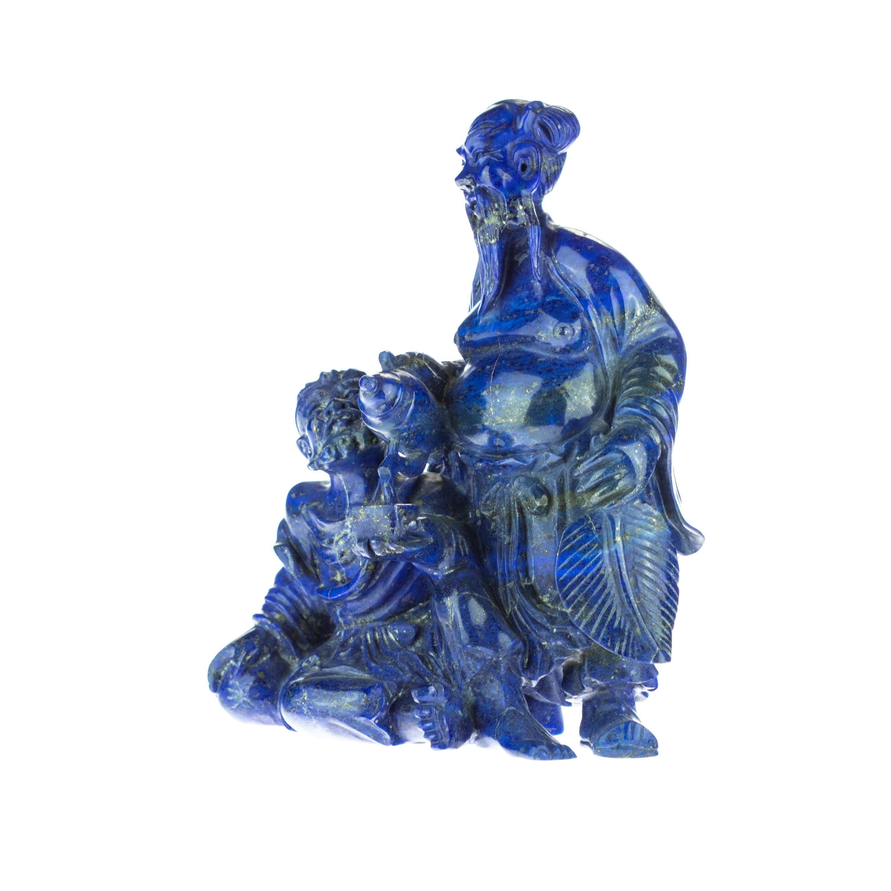 Chinese Export Lapis Lazuli Wise Men Figurine Carved Man Artisanal Statue Handmade Sculpture For Sale