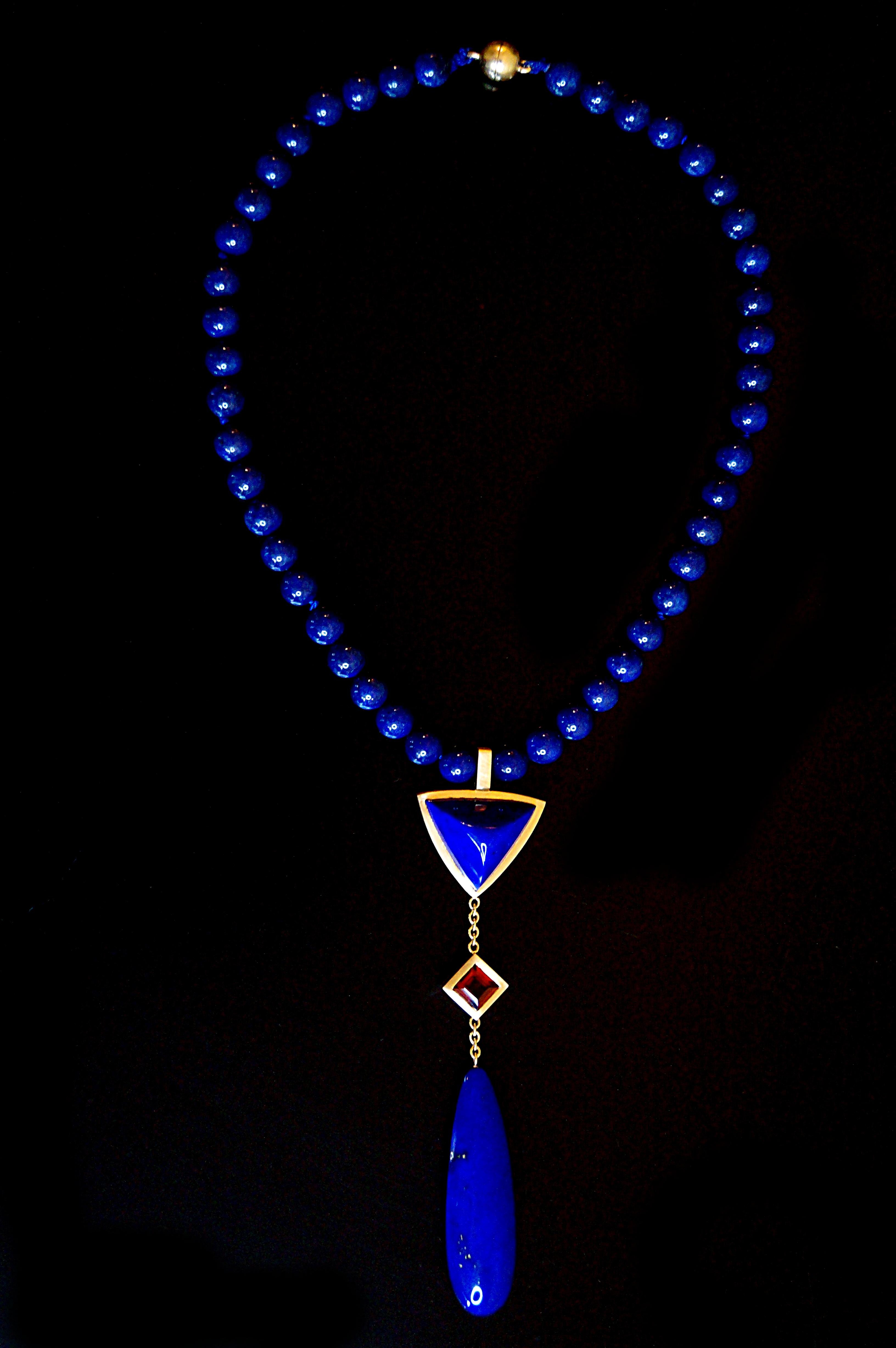 Taglio trillion Collana di Lapislazzuli e Citrino in oro giallo con poesia di A. Leyser in vendita